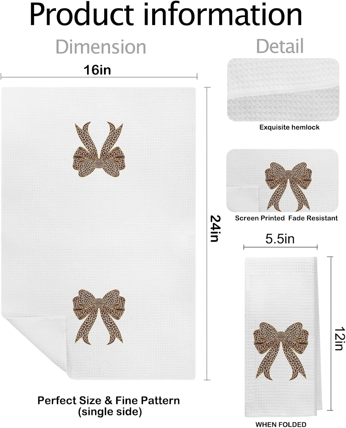 Coquette Leopard Print Modern Bow Kitchen Bathroom Towels 16x24 Inch Set of 2,Trendy Cheetah Print Dish Hand Tea Towels,Coquette Girly Bathroom Decor image 2