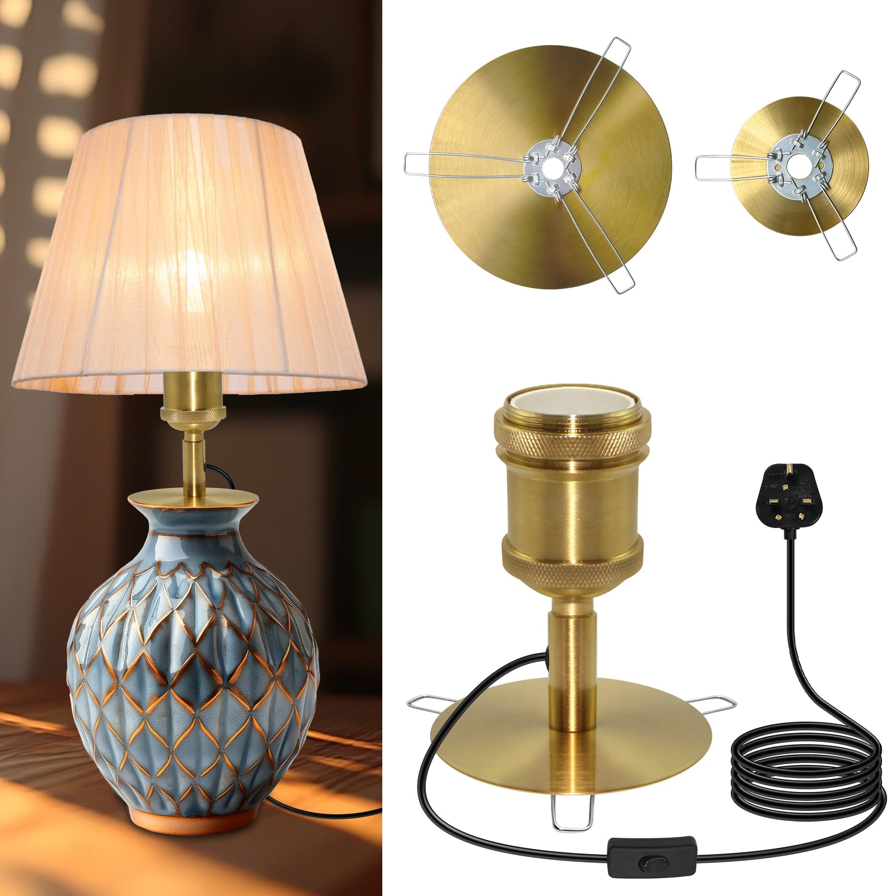WPQIUZS E27 Bottle Lamp Kit, Vase Lamp Lighting Kit, Bottle Light Accessories with 2.4M Cable, Make Your Own Table Lamp, Light Fittings for Various Types of Vases, Can DIY Lampshade, Gold