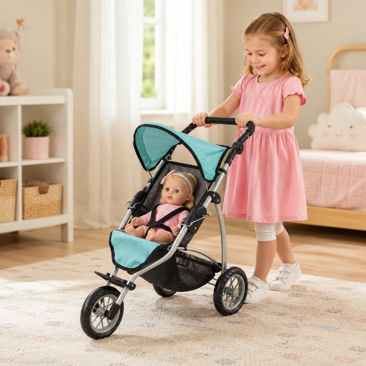 Bayer Chic 2000 - Wózek dla lalek Leon, jogging Buggy, dla dzieci w wieku od 4 do 8 lat, melanż, ciemnoszary, miętowy, 75 x 40 x 73,5 cm