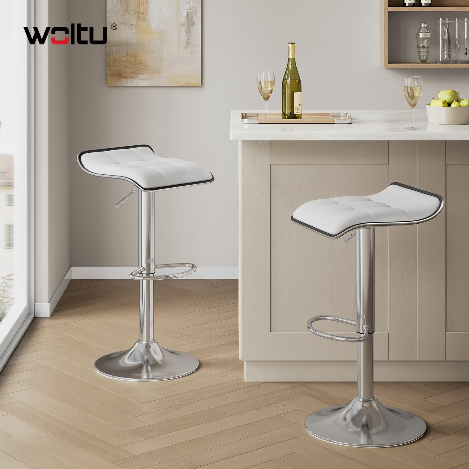 WOLTU Tabourets de Bar Lot de 2, Réglable en Hauteur, PU, Blanc | Chaise Haute Cuisine avec Repose-Pieds, Pivotant à 360°, Tabouret pour Bar, Cuisine Salon, Métal