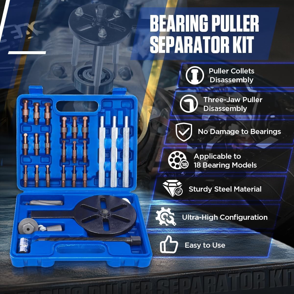 Bearing Puller 21-in-1 Bearing Puller Kit No Damage to Bearing Removal Tool Internal Bearing Puller Set Bearing Separator and Puller Set with Three-Jaw Puller Blind Hole Bearing Puller Set