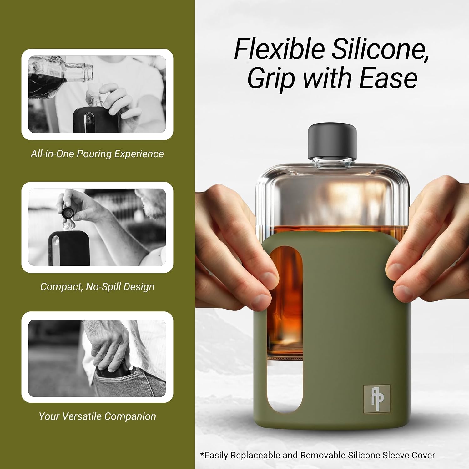 Ragproper Modern Glass Hip Flask for Men | Cork & Silicone Lid Liners | Firm Grip | Curved Edges | Durable Silicone Covered Flask for Whiskey | Liquor | Sprits | 100ml Single+ 240ml Double | Green