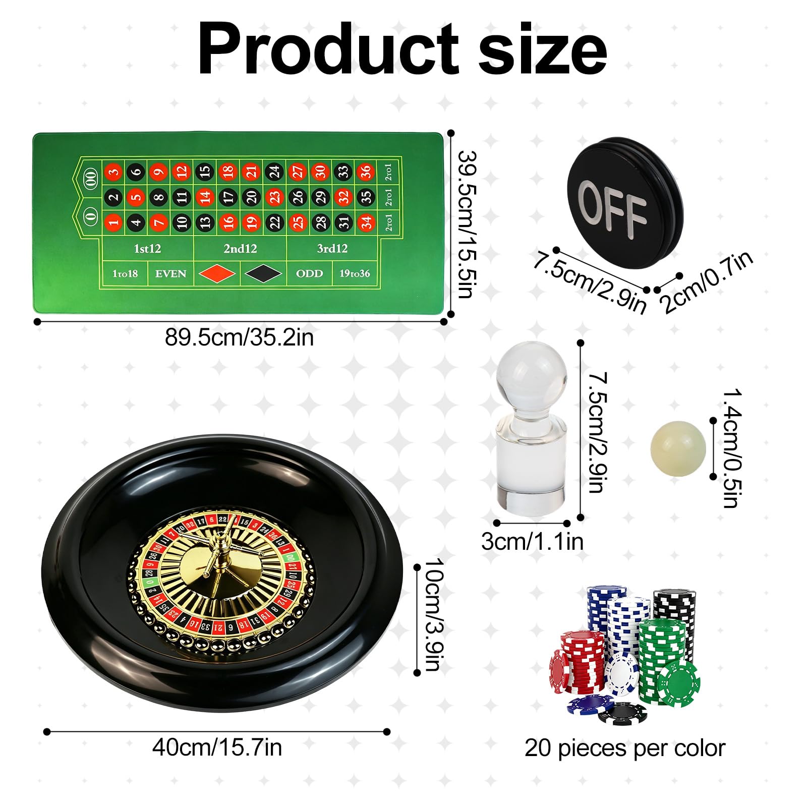 Casino Night Set Gioco Completo Include 16 '' Rotella Roulette Verde 88,9 cm X 40,6 cm Tappetino da tavolo in gomma, 100 Chip Dealer Pulsante Win Marker Casino Game Set Idee Regalo