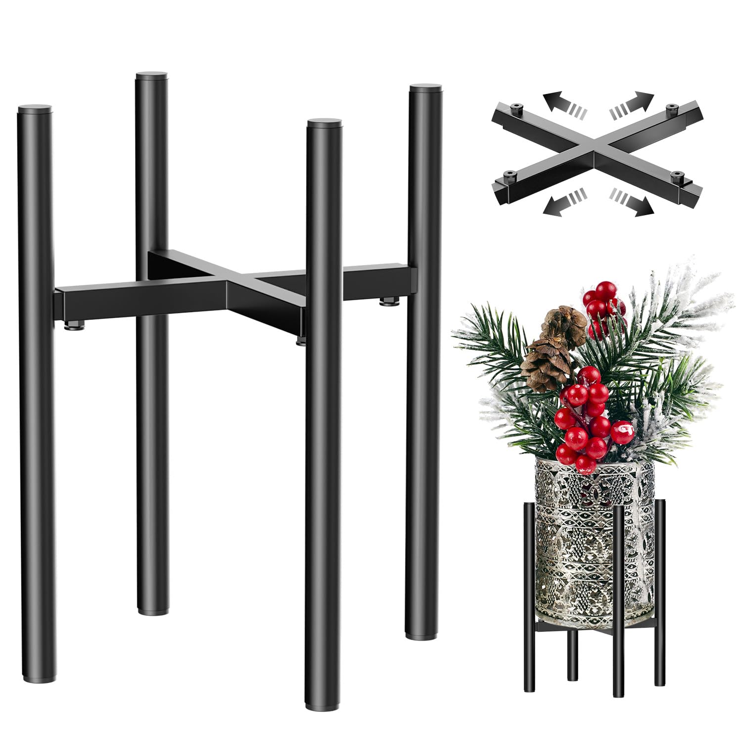 H HOMEXIN Metal Adjustable Plant Stand, Width 8-12 Inches, Corner Mid Century Holder for Indoor Outdoor Stable Display, Black