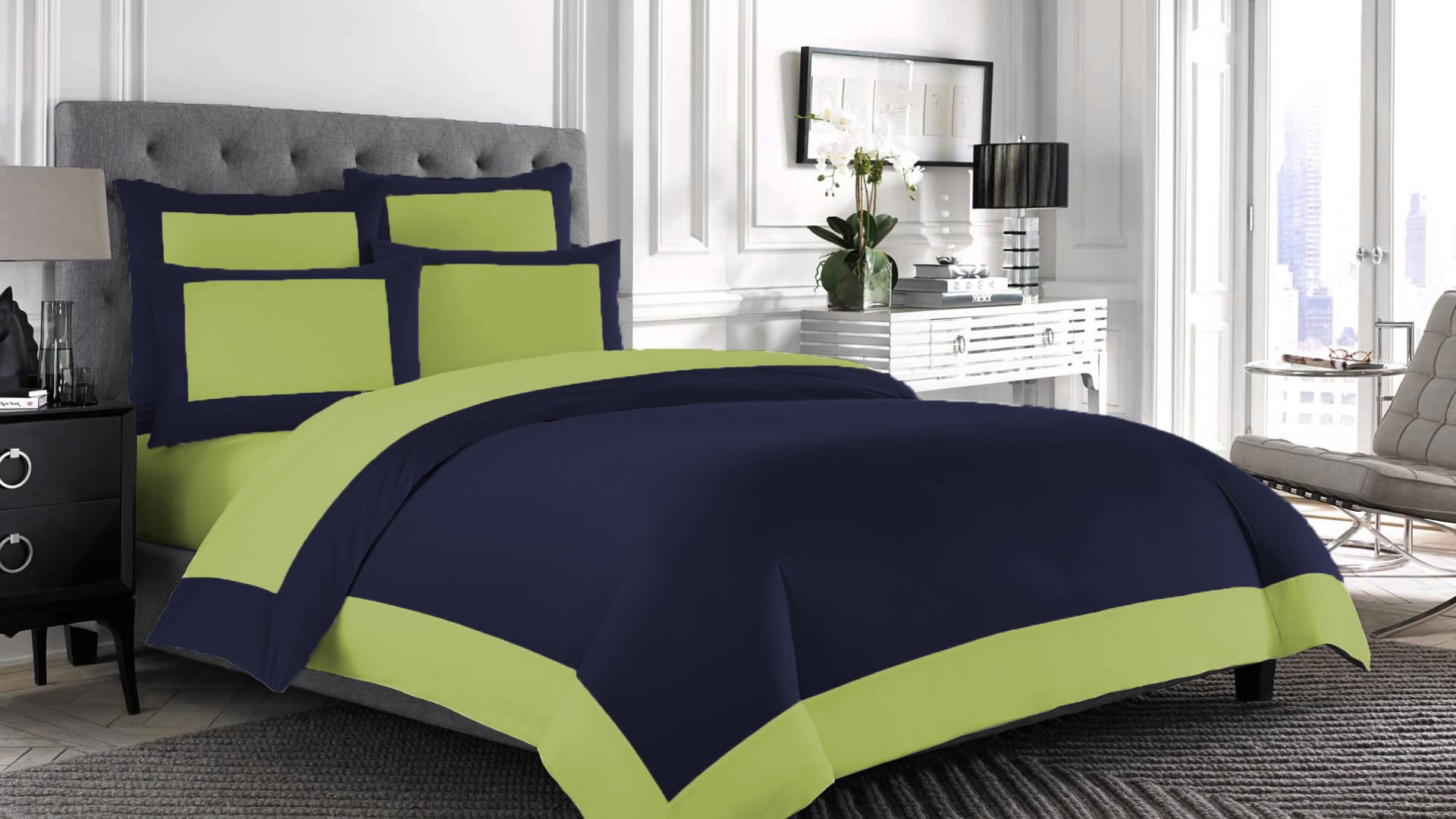 Housse de couette réversible bleu marine et sauge pour lit double ambiance cocooning