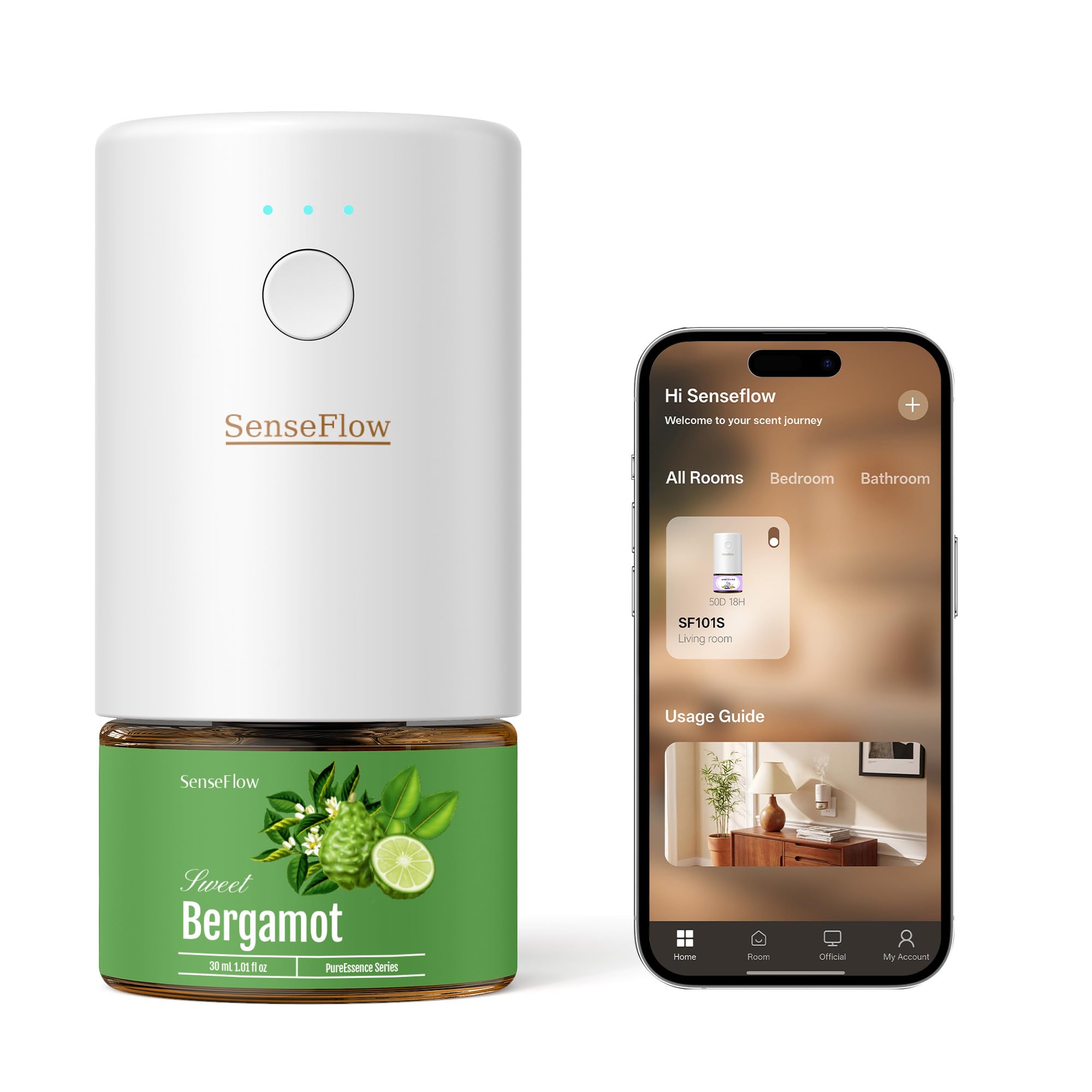 SenseFlow Aroma Diffuser for Essential Oils Smart Wi-Fi SF101S Pro, Waterless Ultrasonic Fragrance Plug, Room Fragrance, White, No Oils