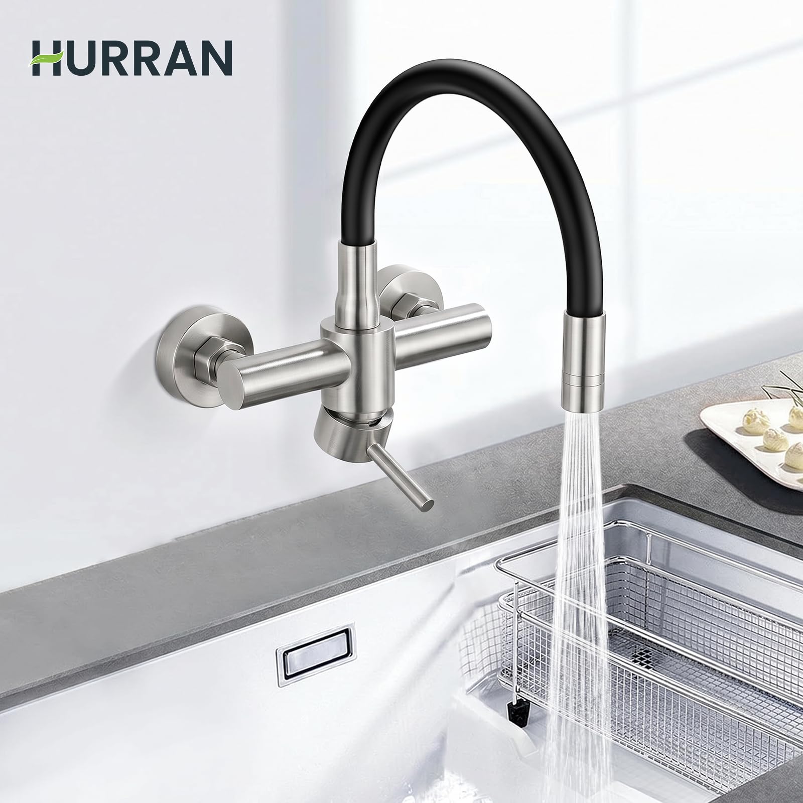 HURRAN Wasserhahn Wandmontage, 360° Schwenkbare Küchenarmatur mit Silikonschlauch, Einhebelmischer aus Edelstahl, Gebürstetes Nickel