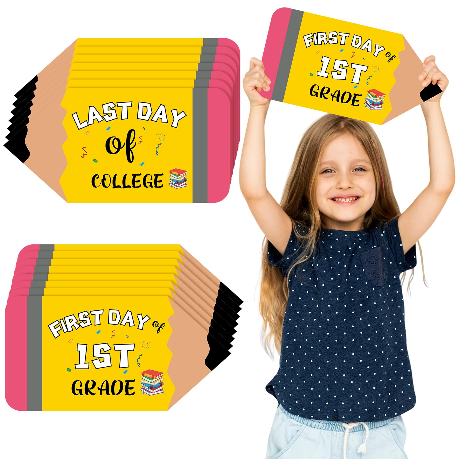 Colingmill 16 Pcs First & Last Day School Signs - Double Sided, Reusable, Bright Color Pencil Shaped Signs for Boys & Girls Kindergarten to Preschool