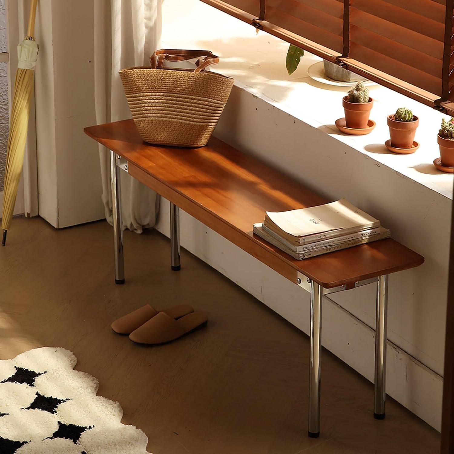 43.3" 51" Long Entryway Bench Solid Wood Dining Shoe Rack End of Bed Bench Easy to Assemble with Metal Legs Sturdy Supports 440lb for Bedroom/Living Room/Hallway(Walnut Color,43.3")