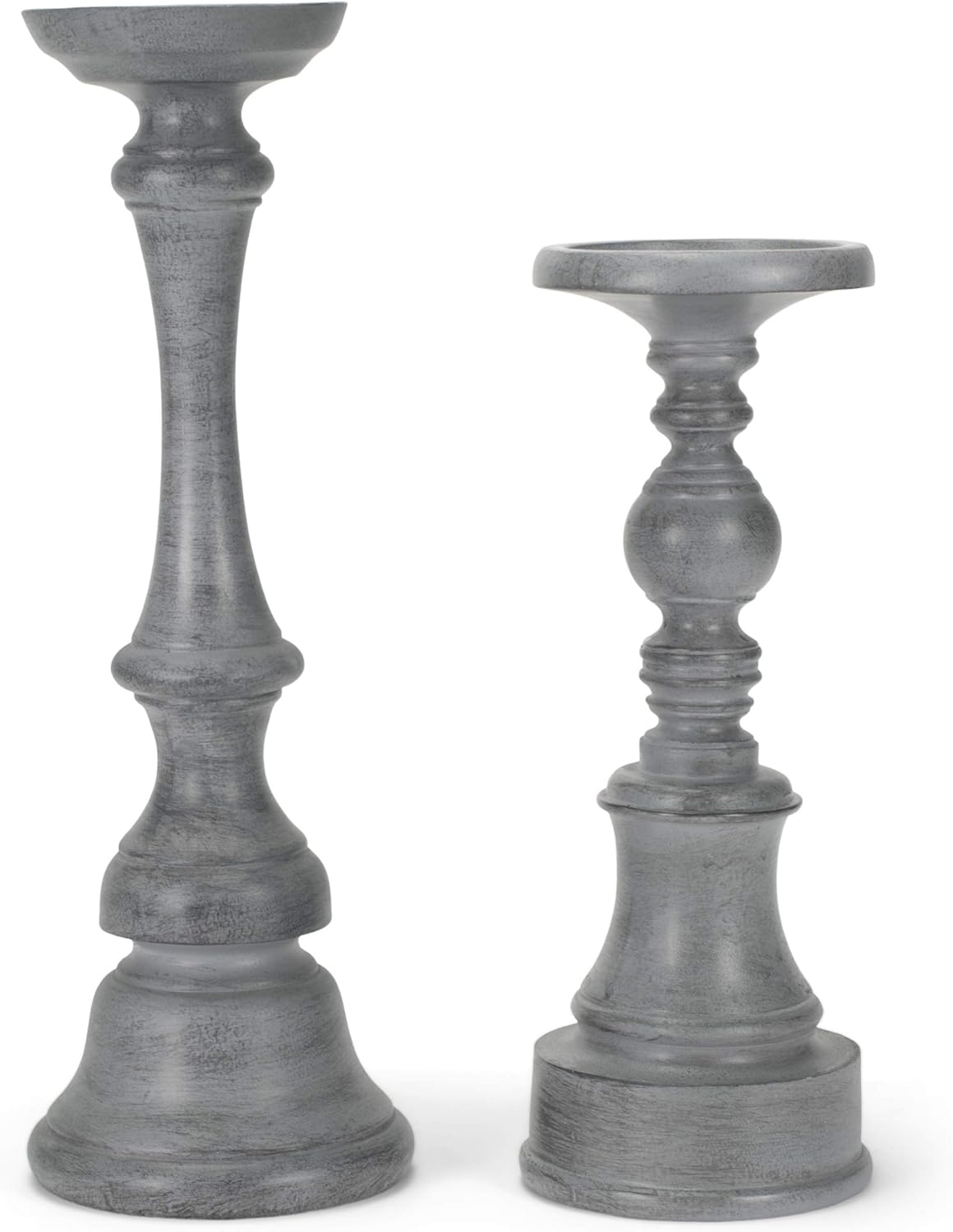 Farmhouse Distressed Grey 14 and 11 inch Wood Pillar Tapered Candle Stick Holders, Set of 2