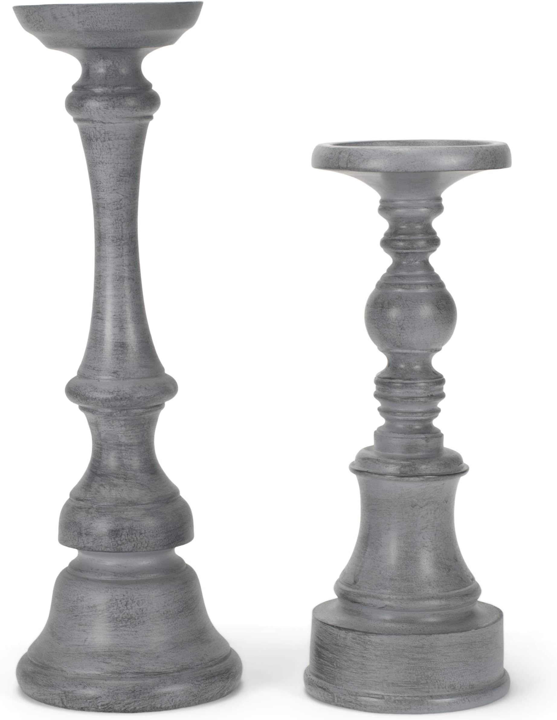 Drew Derose Farmhouse Distressed Grey 14 and 11 inch Wood Pillar Tapered Candle Stick Holders, Set of 2