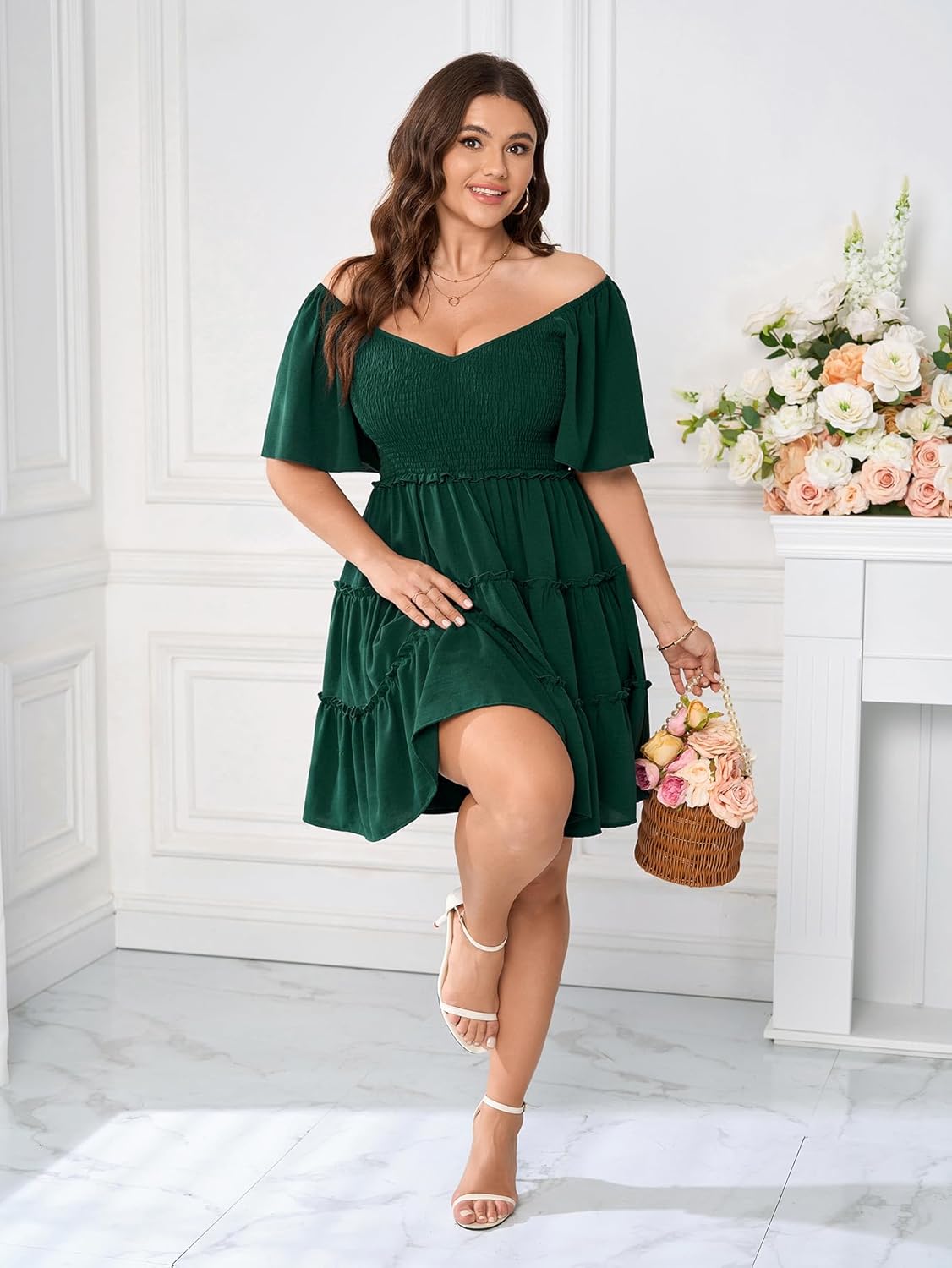 Womens Plus Size Casual Mini Dress Sweetheart Neckline Short Flutter Sleeve Smocked A Line Tiered Ruffle Dresses - Image 6