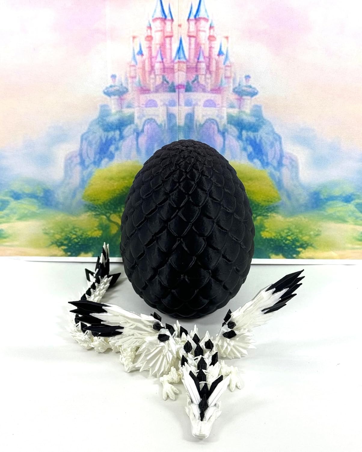 3D Printed Articulated Dragon with Wings, Crystal Winged Dragon with Dragon Egg, White and Black Winged Dragon, Fidget ADHD Autism Toy CW011-BE