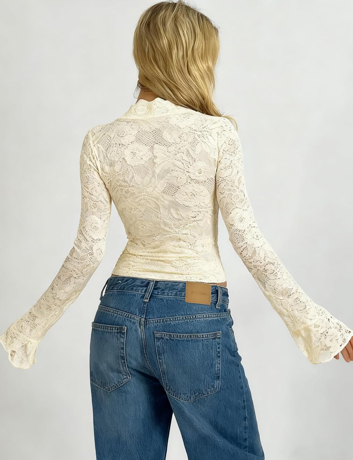 Women's Lace Long Sleeve Tops Deep V Neck Bell Sleeve Y2K Crop Going Out Top Sexy Sheer Slim Fitted T Shirt - Image 4