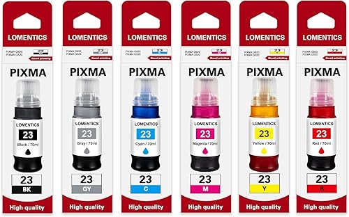 GI-23 Botellas de tinta (paquete de 6 unidades, negro, cian, magenta, amarillo, rojo, gris) - Lometic GI23 GI-23 repuesto de repuesto de tinta para