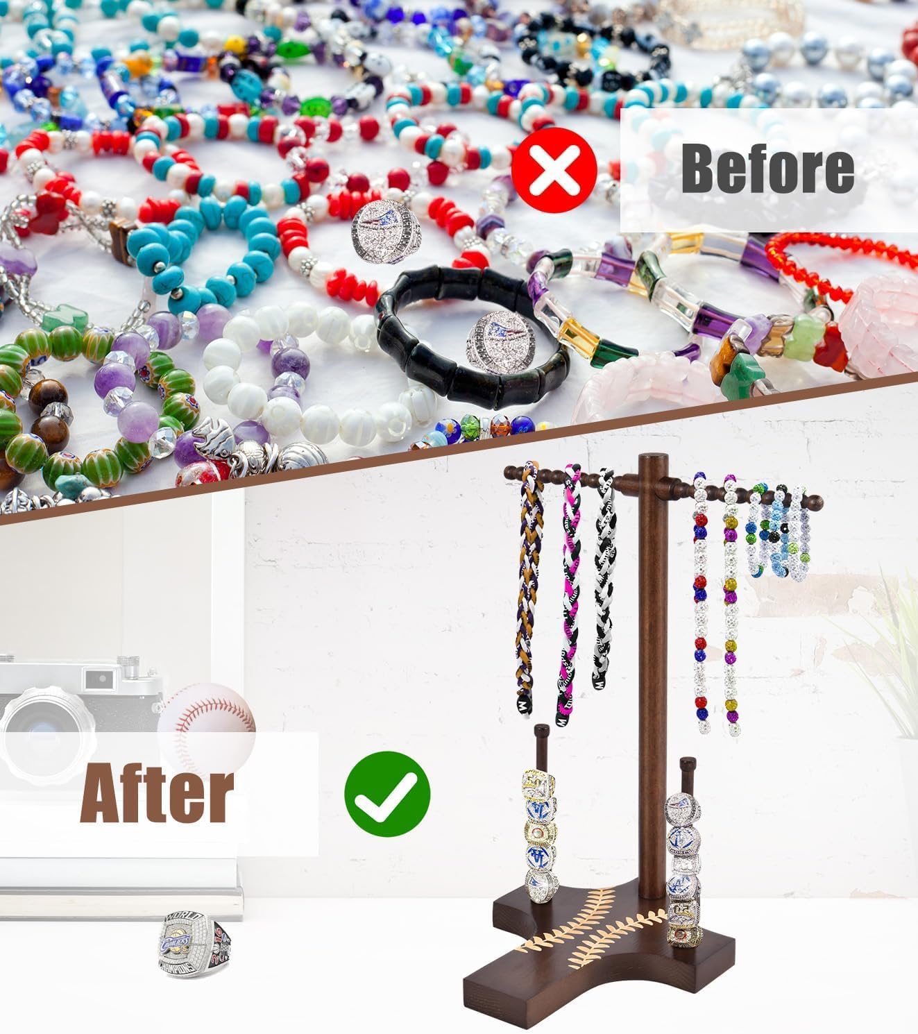 Wooden Jewelry Towers Baseball or Softball Drip Necklace Organizer Holder, Championship Ring Display Holder, Baseball or Softball Ring Display Holder Display, Gifts for Kids or Friends - Image 3