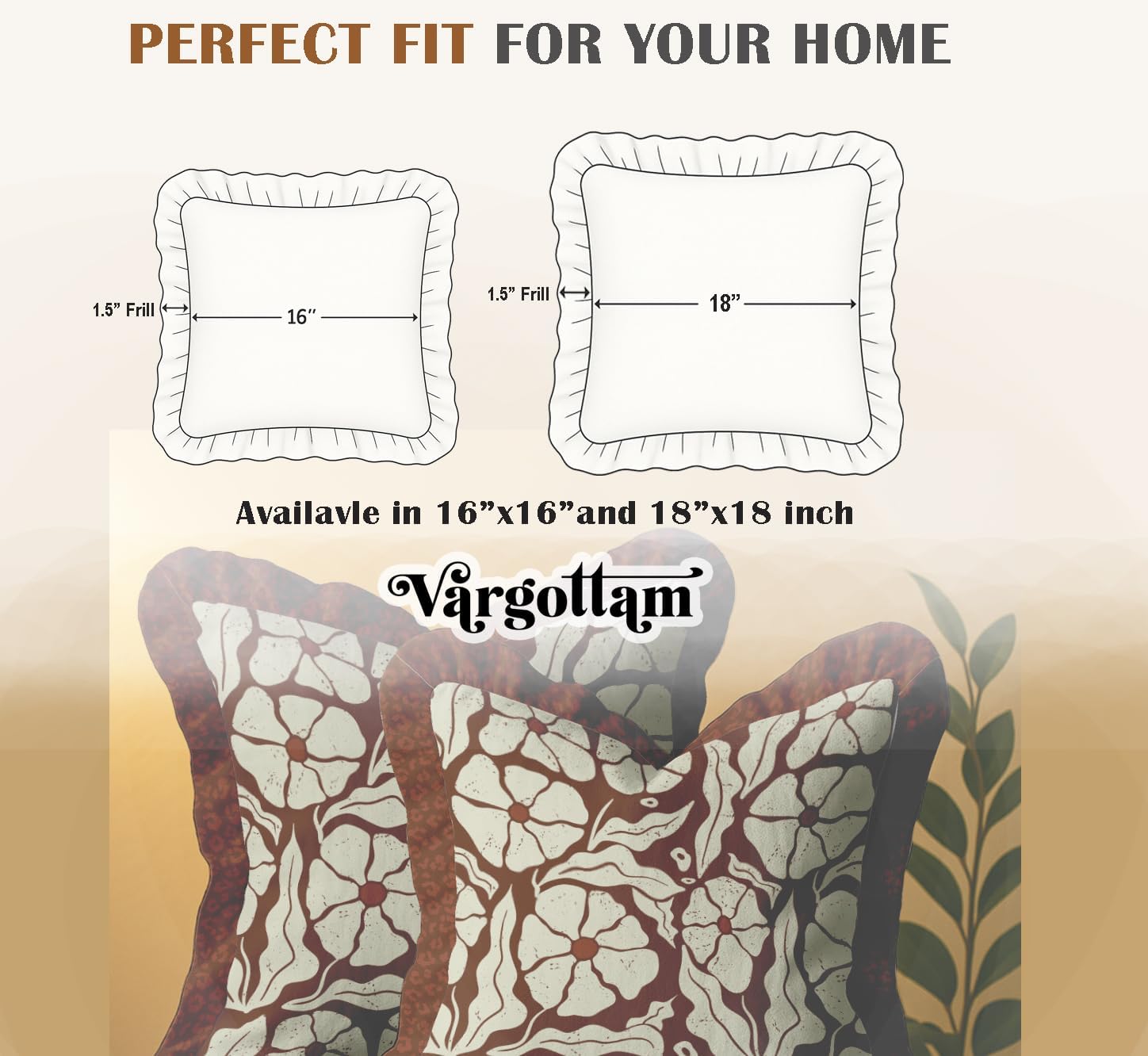 Throw Pillow Covers Set of 2-100% Cotton Twill, Frilled Edge, Double Sided Print, 16 x 16 Inch Decorative Cushion Covers, Hidden Zip, No Filler - Watercolor Print