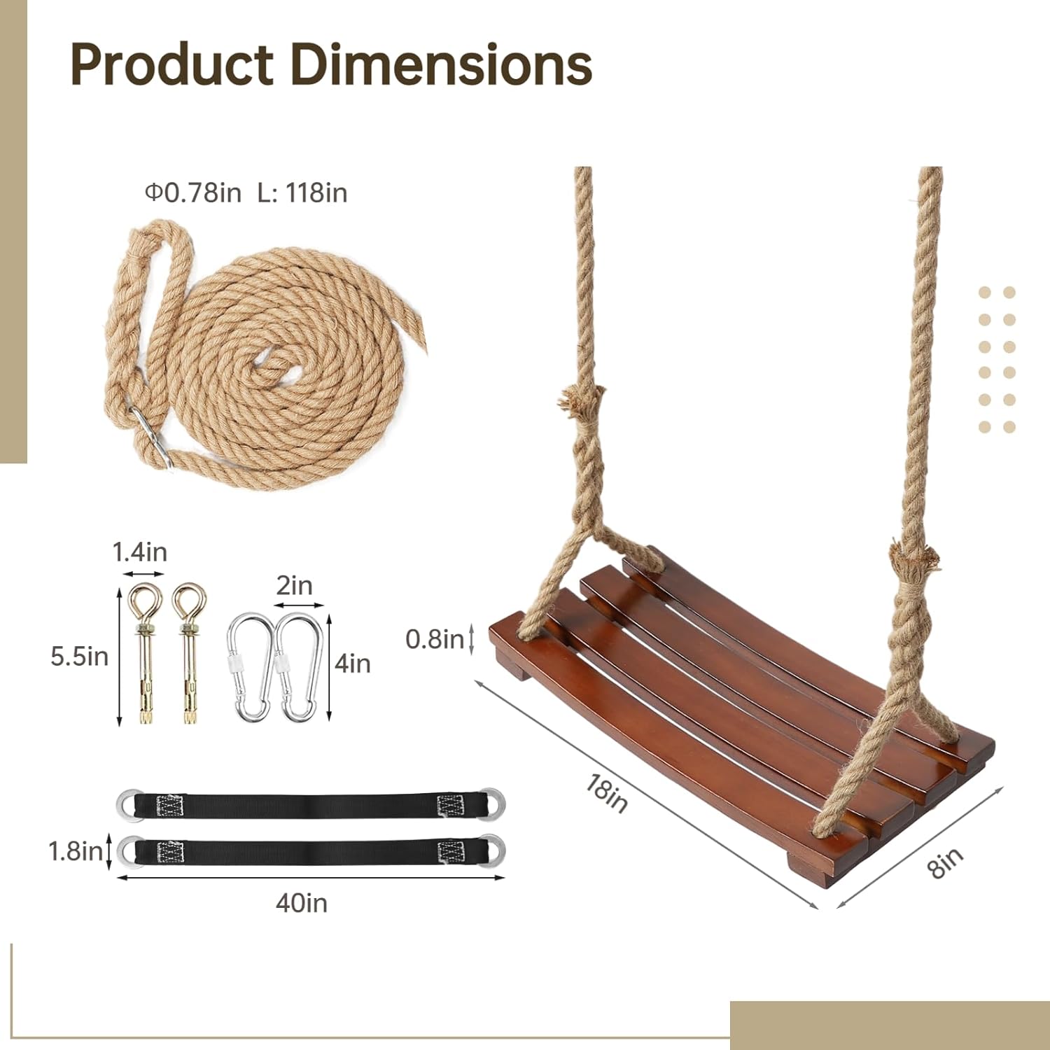 Wooden Tree Swing, 500lbs Load Capacity Heavy-Duty Wooden Swing Seat for Adults & Kids, Adjustable Climbing Rope Tree Straps 118 inch for Indoor & Outdoor