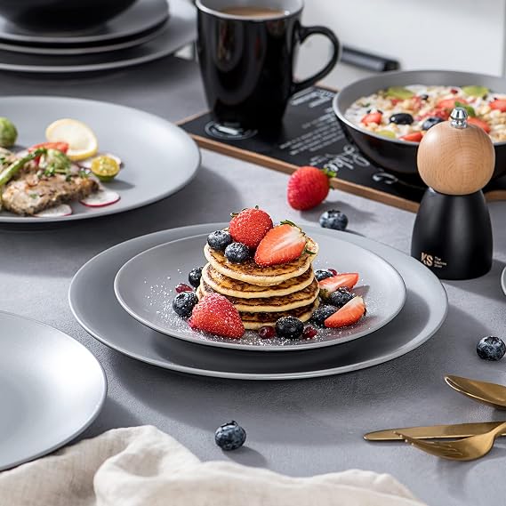 vancasso Lento Dinnerware Set 16 Pieces, Matte Stoneware Dinnerware Set with Dinner Plates, Dessert Plates, Bowls and Mugs Service for 4, Light Grey