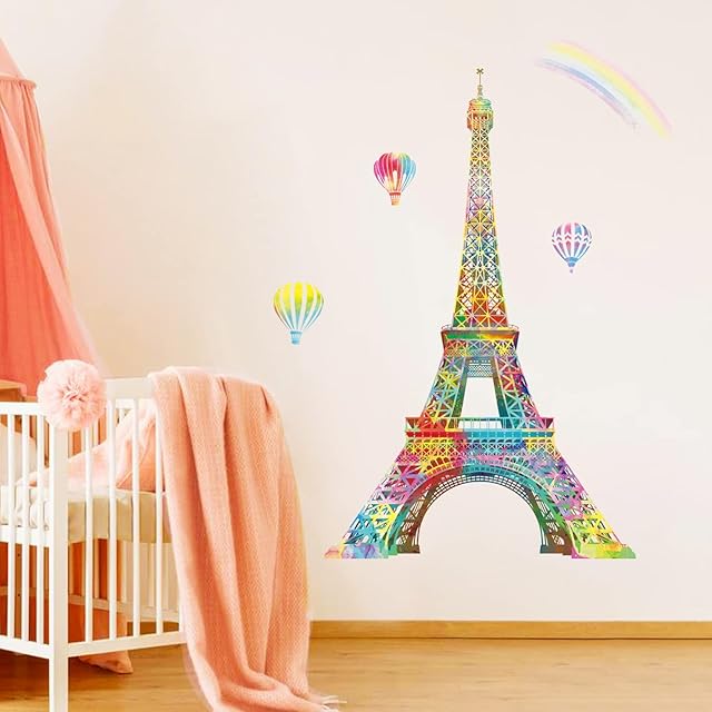 decalmile Paris Eiffel Tower Wall Decals Colorful Hot Air Balloon Wall Stickers Bedroom Living Room Sofa TV Background Wall Decor
