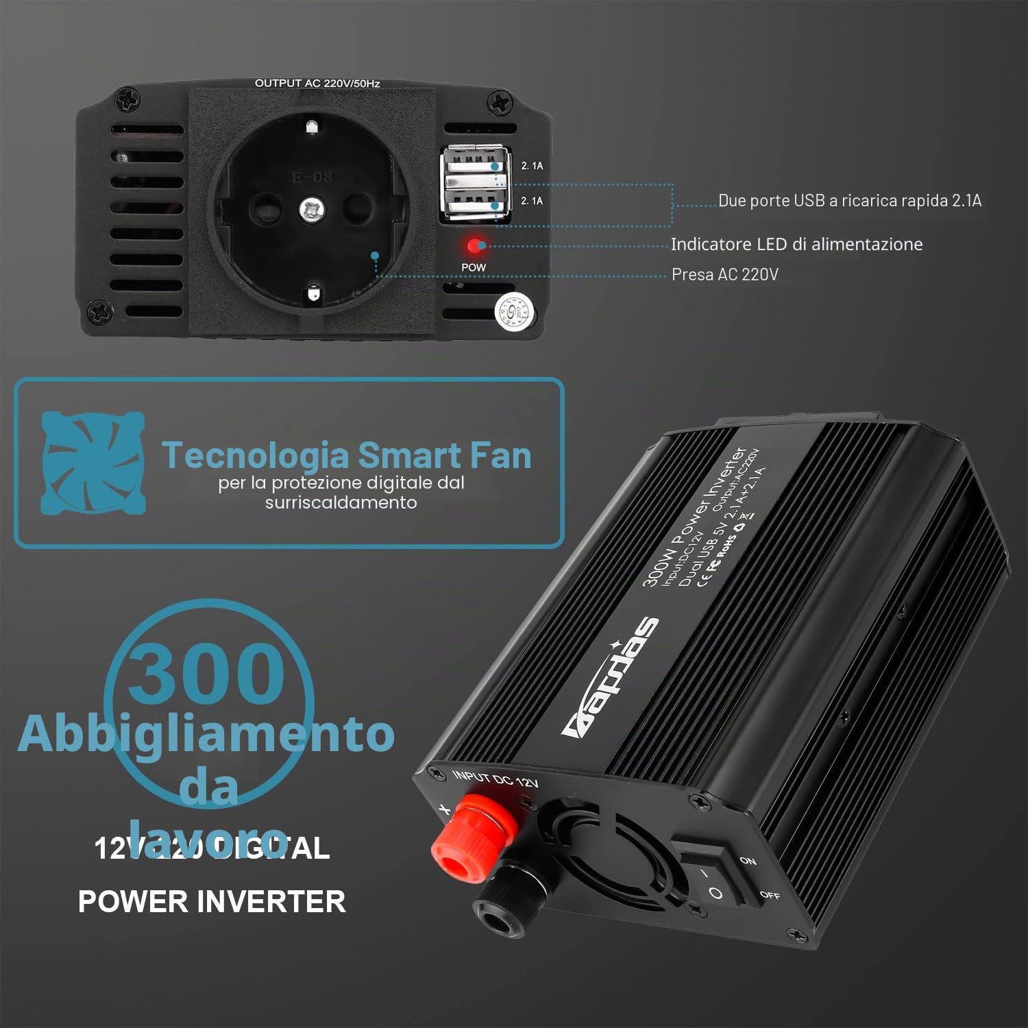 300W Power Inverter da Auto DC 12V a 220-240V AC, 2 Porte USB 4.2A