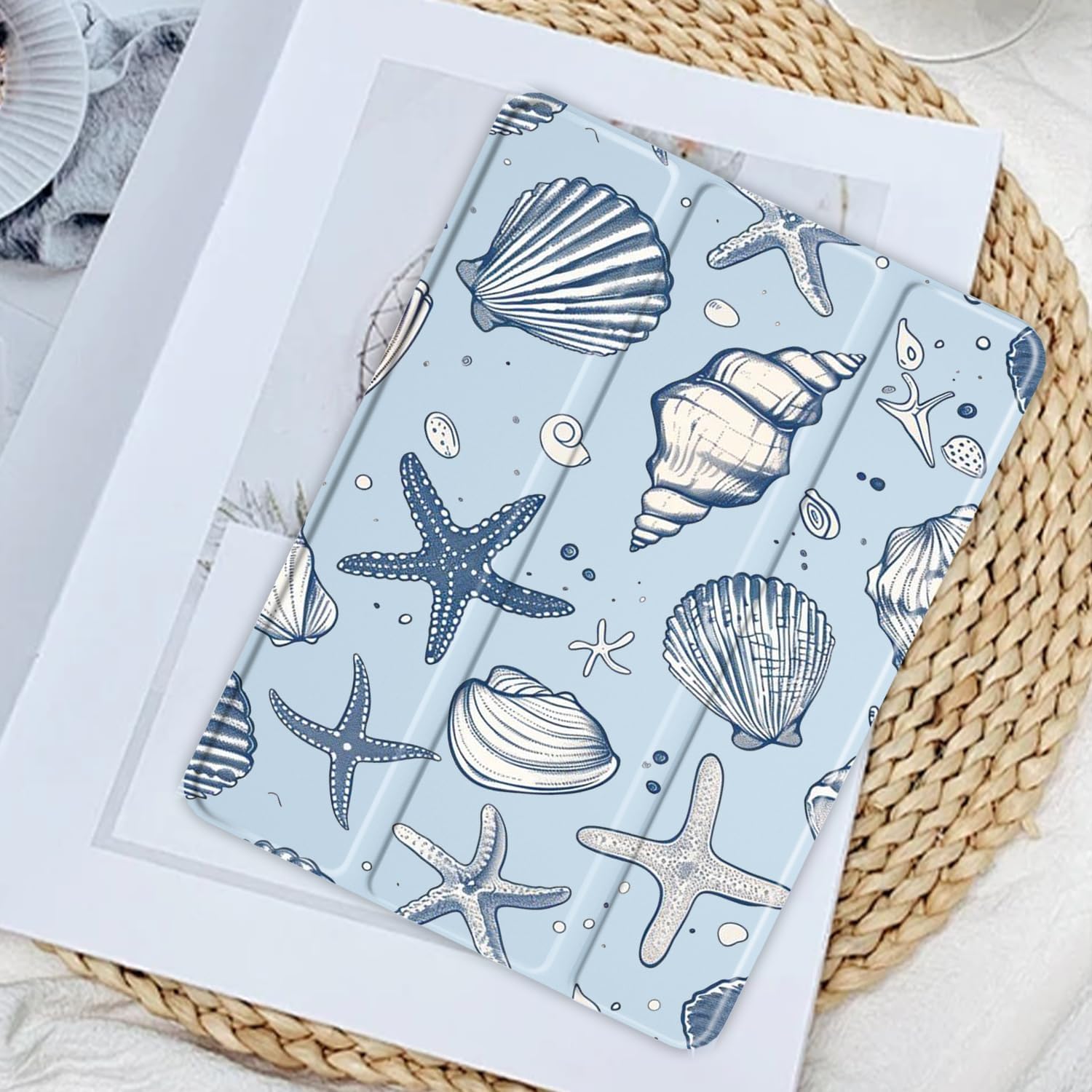 JOYLAND Sea Shells Case for iPad Pro 12.9" 6th/5th/4th/3rd Generation (2022/2021/2020/2018),Clear Transparent Acrylic Hard Back Ice Blue Case with Pencil Holder Trifold Stand Tablet Cover