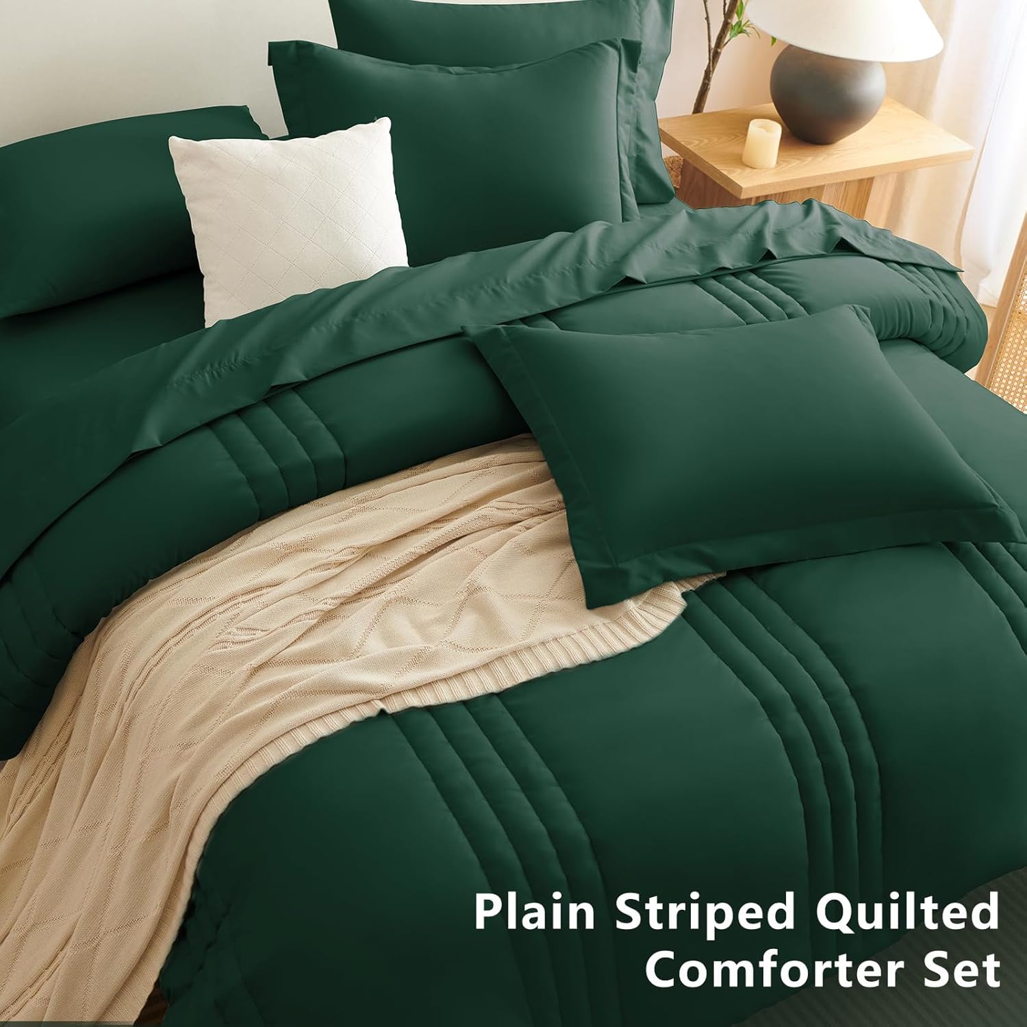 CozyLux Queen Size Comforter Sets - 7 Piece Bed in a Bag Emerald Green Comforter Set with Sheets Queen Bed Set All Seasons, Bedding Set with Down Alternative Comforter, Sheets, Pillowcases & Shams - Image 4