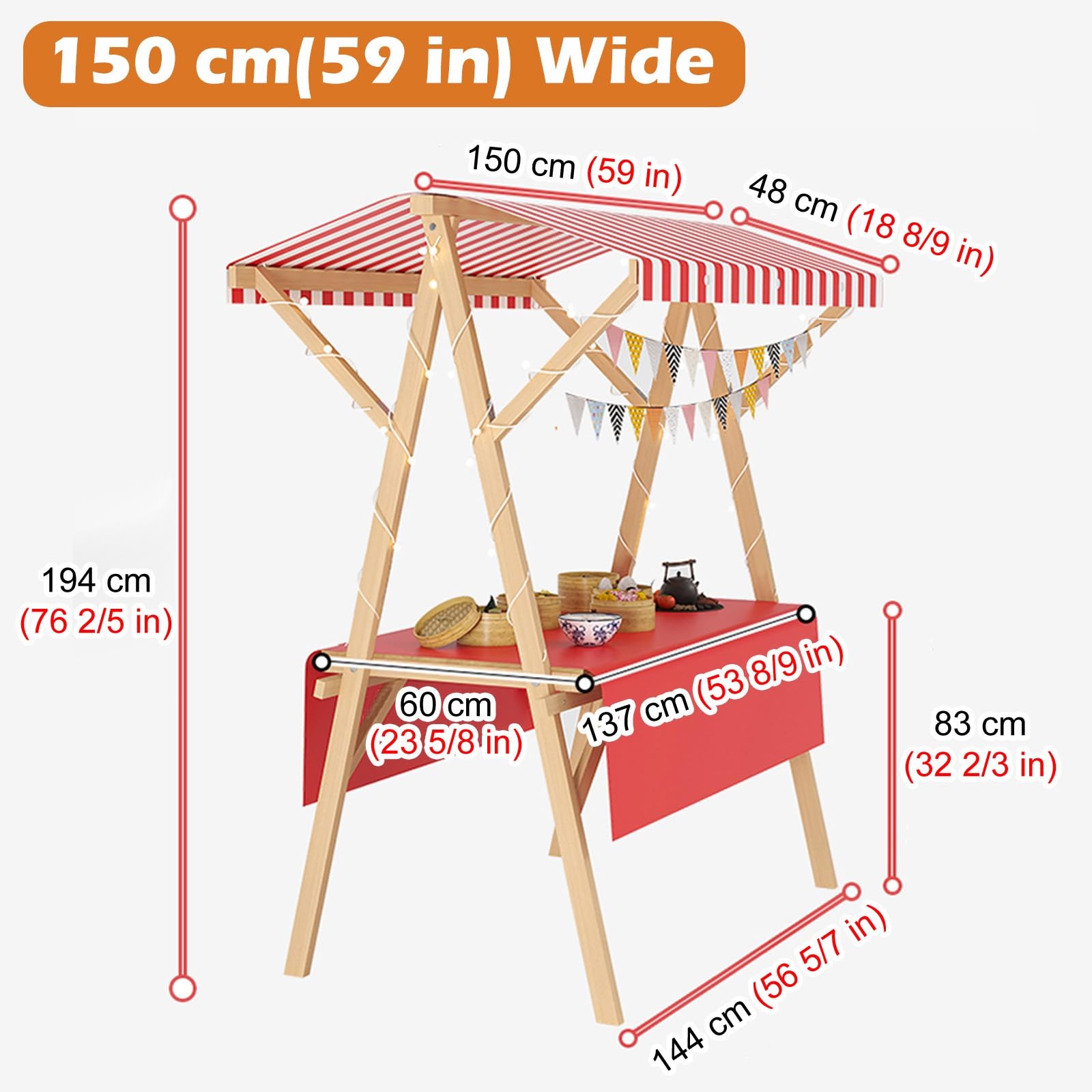 Carritos de Mercado, caseta Plegable de Madera para concesiones en mercados agrícolas y ferias, Carrito móvil con Ruedas, Puesto Playero (Amarillo, 140 cm de Ancho)