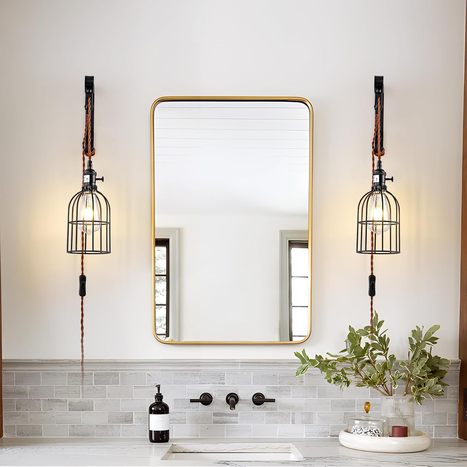Wall Sconces Plug in of 2, Industrial Wall Lamp with Plug in Cord,Black Vintage Wall Sconce with 6.5ft On/Off Switch Cord,Height Adjustment Wall Lights for Bedroom Reading Headboard.
