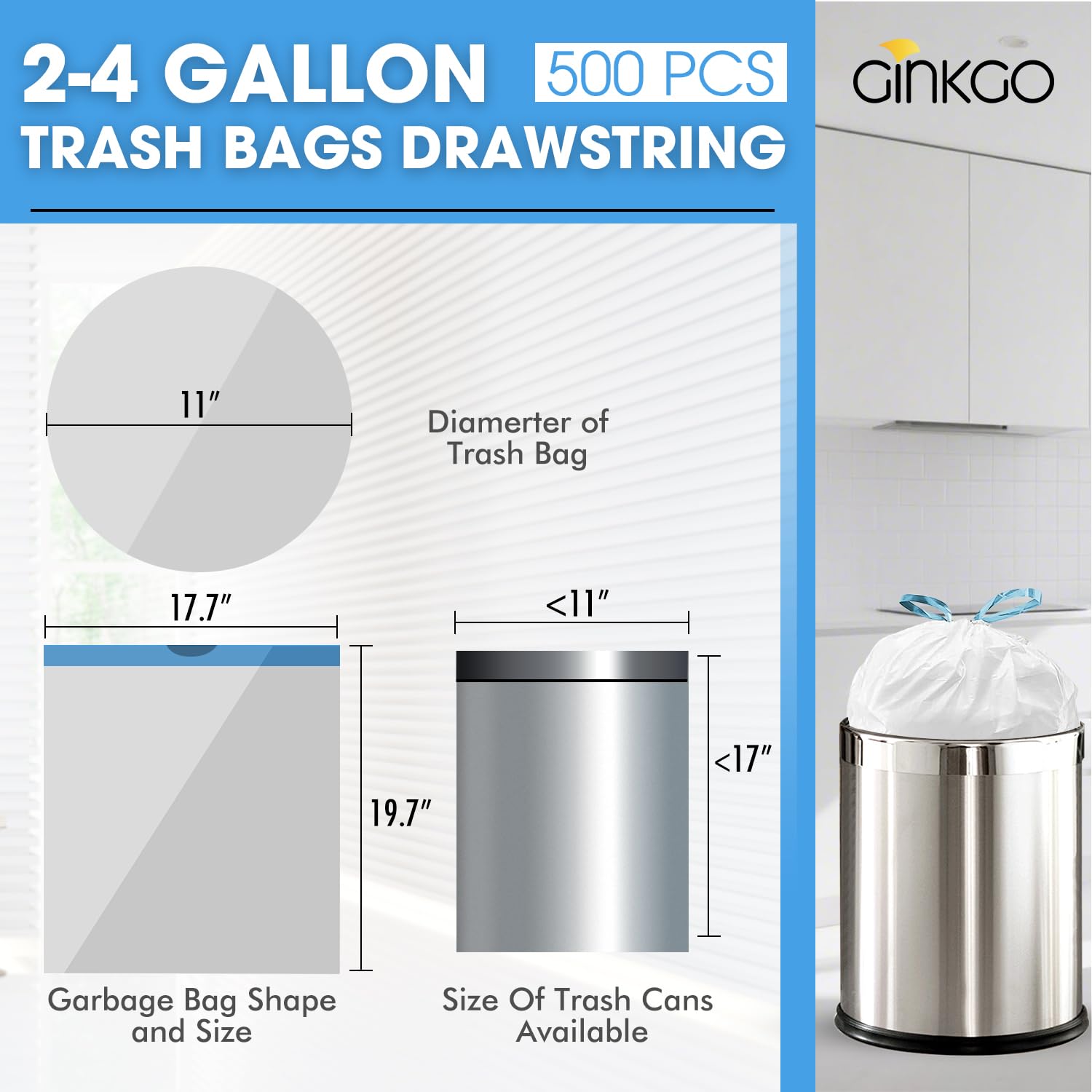 Bolsas de basura pequeñas de 2 a 4 galones, 500 bolsas de basura con cordón a granel, mini bolsas de basura de plástico para baño, oficina, dormitorio, basurero