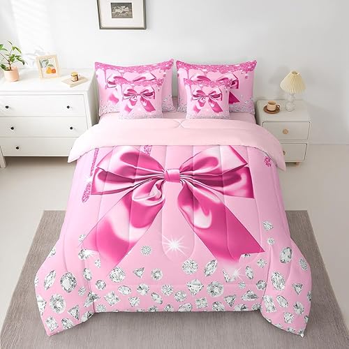 Watercolor Bow 7 Piece Bedding Set Full Size Kids Cute Bowknot Comforter Set wit