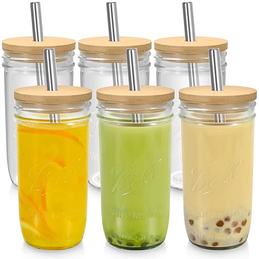 Mason Jar Cups with Lids and Straws - 6Pack 24oz Reusable Wide Mouth Smoothie Cups, Iced Coffee Cups,Ball Mason Jars Glass Cups, Travel Glass Drinking Bottle,Bubble Tea Cup