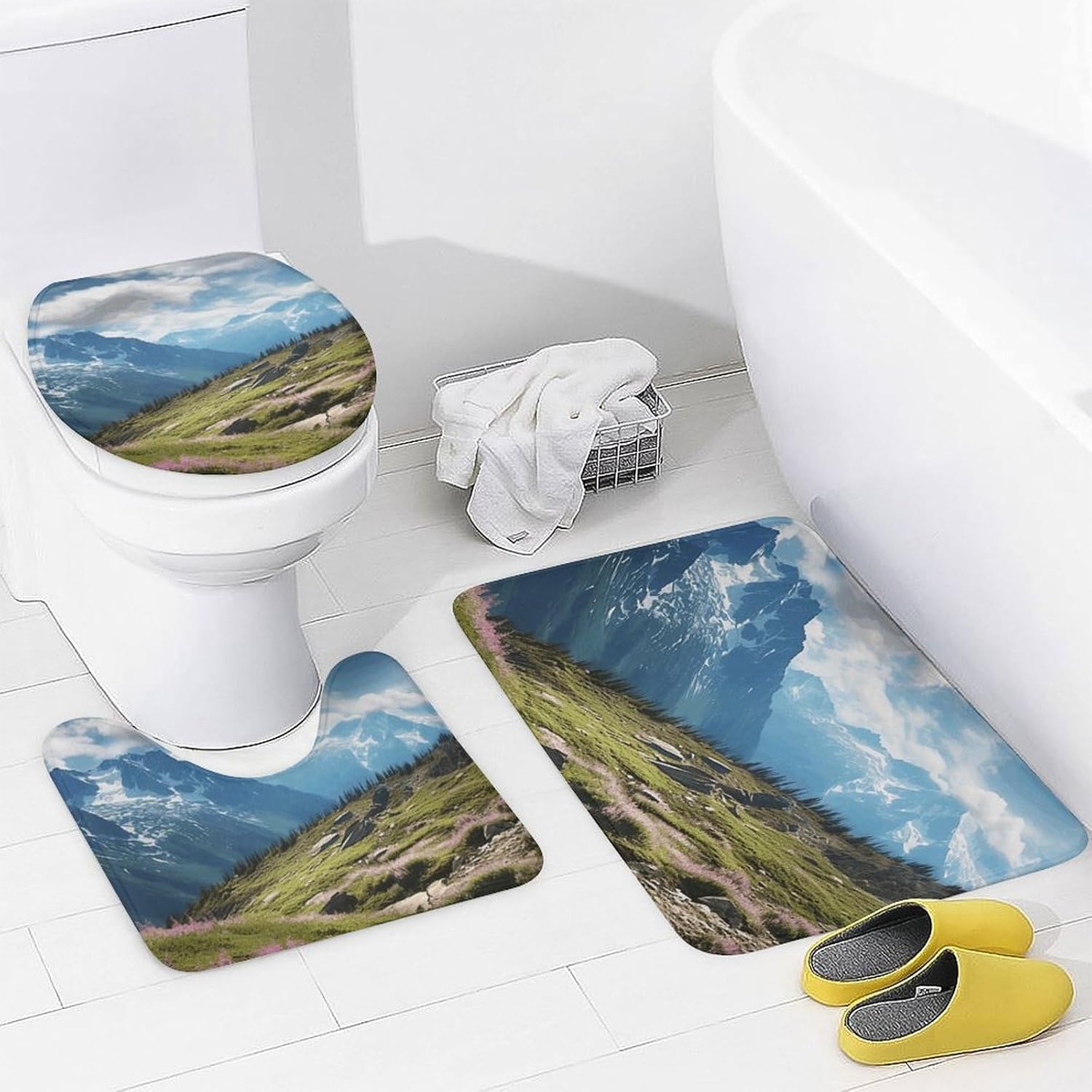 Mountains Shower Curtain Set 4 Piece, Non-Slip Bath Mat with Toilet Lid Cover and Waterproof Shower Curtain with 12 Hooks, Complete Bathroom Set for Home Decor