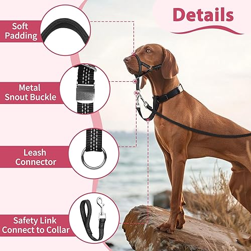 Miniatura 48 de BARKLESS Collar resistente sin tirones para perros medianos y grandes, suave y reflectante con enlace de seguridad, correa de bozal de entrenamiento