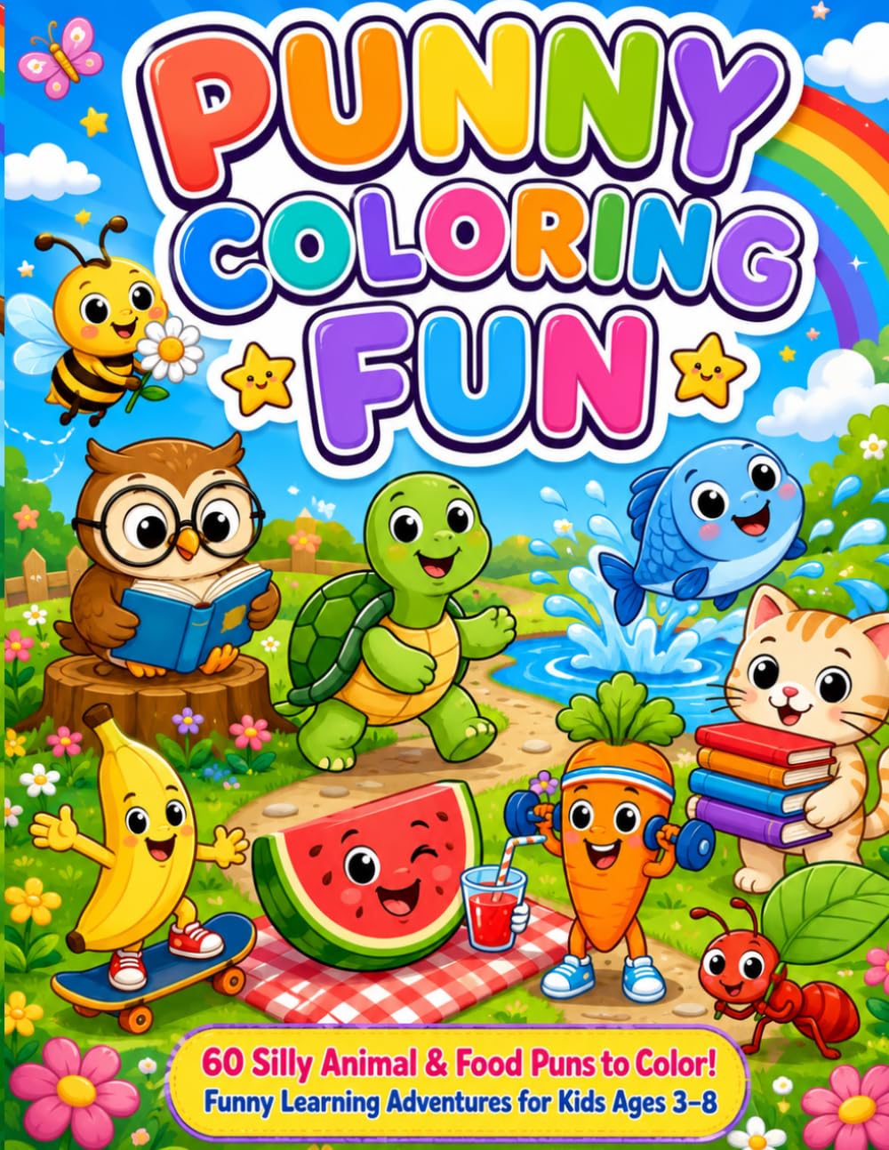 Punny Coloring Fun: 60 Silly Animal & Food Puns to Color! Funny Learning Adventures for Kids Ages 3–8, kids coloring book, funny coloring book for kids