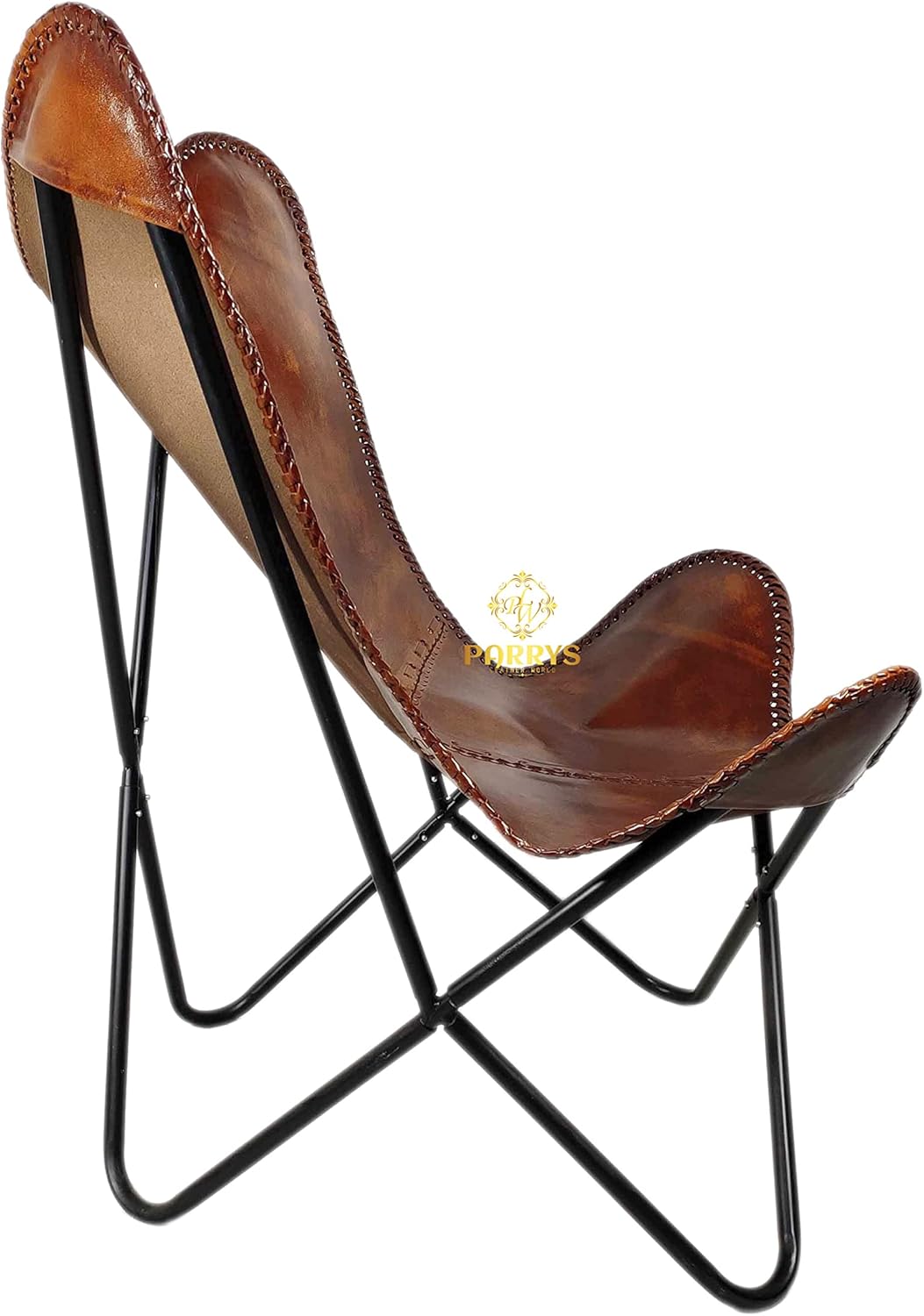 Buffalo Leather Butterfly Chair for Living Room Powder Coated Iron Frame Comfortable Arm Recliner Openable Camping Vanity Indoor/Outdoor Chair