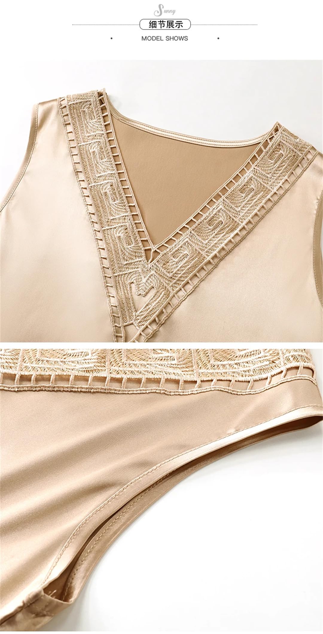 Camicetta da donna in raso con elastico in pizzo senza maniche con scollo a V
