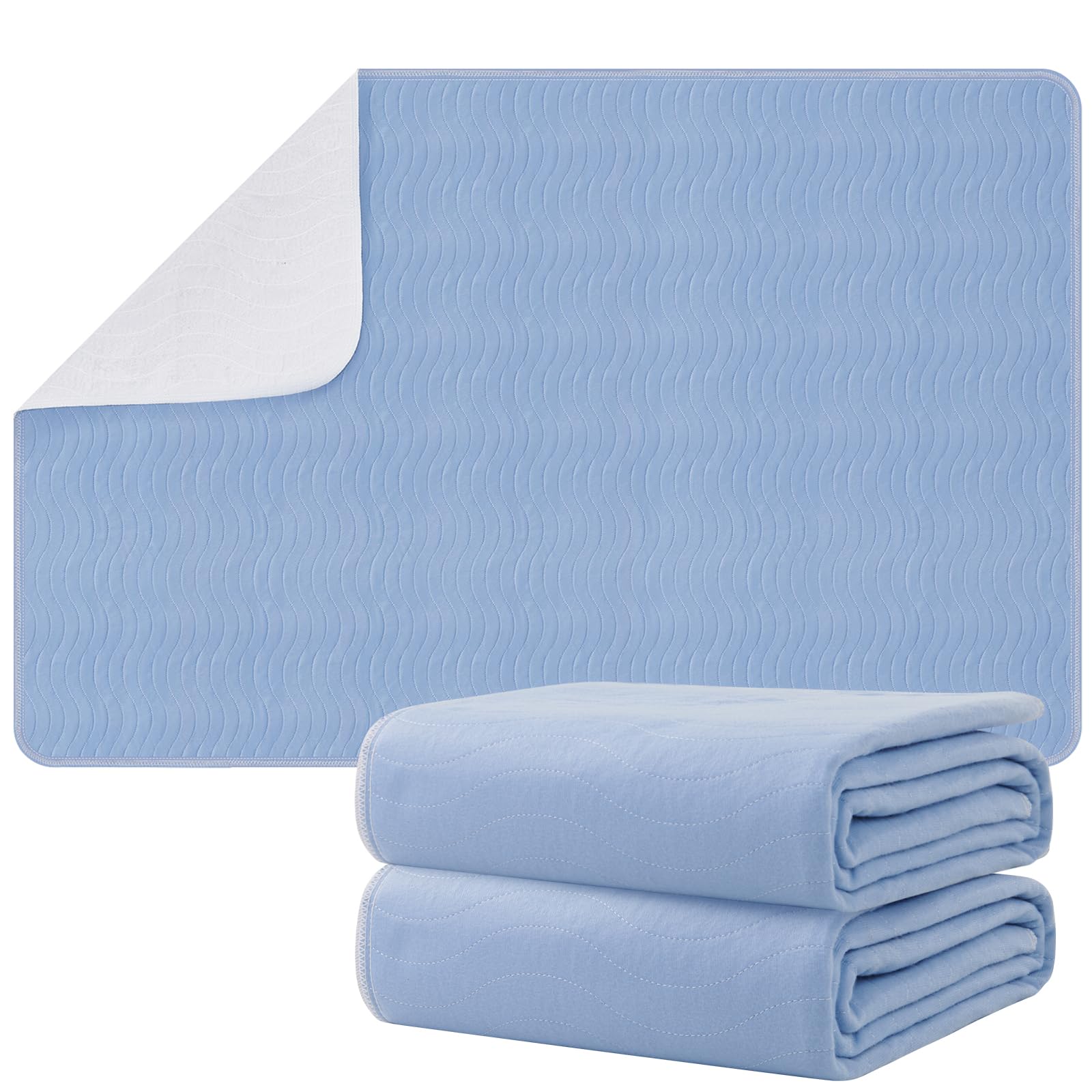 Incontinence Bed Pads - Waterproof Pee Pad for Kids, Adults & Elderly - Reusable Washable Heavy Absorbency Mattress Protector Pad for Bed, Sofa, Couch - 34" x 52" (2 Pack, Blue+White)