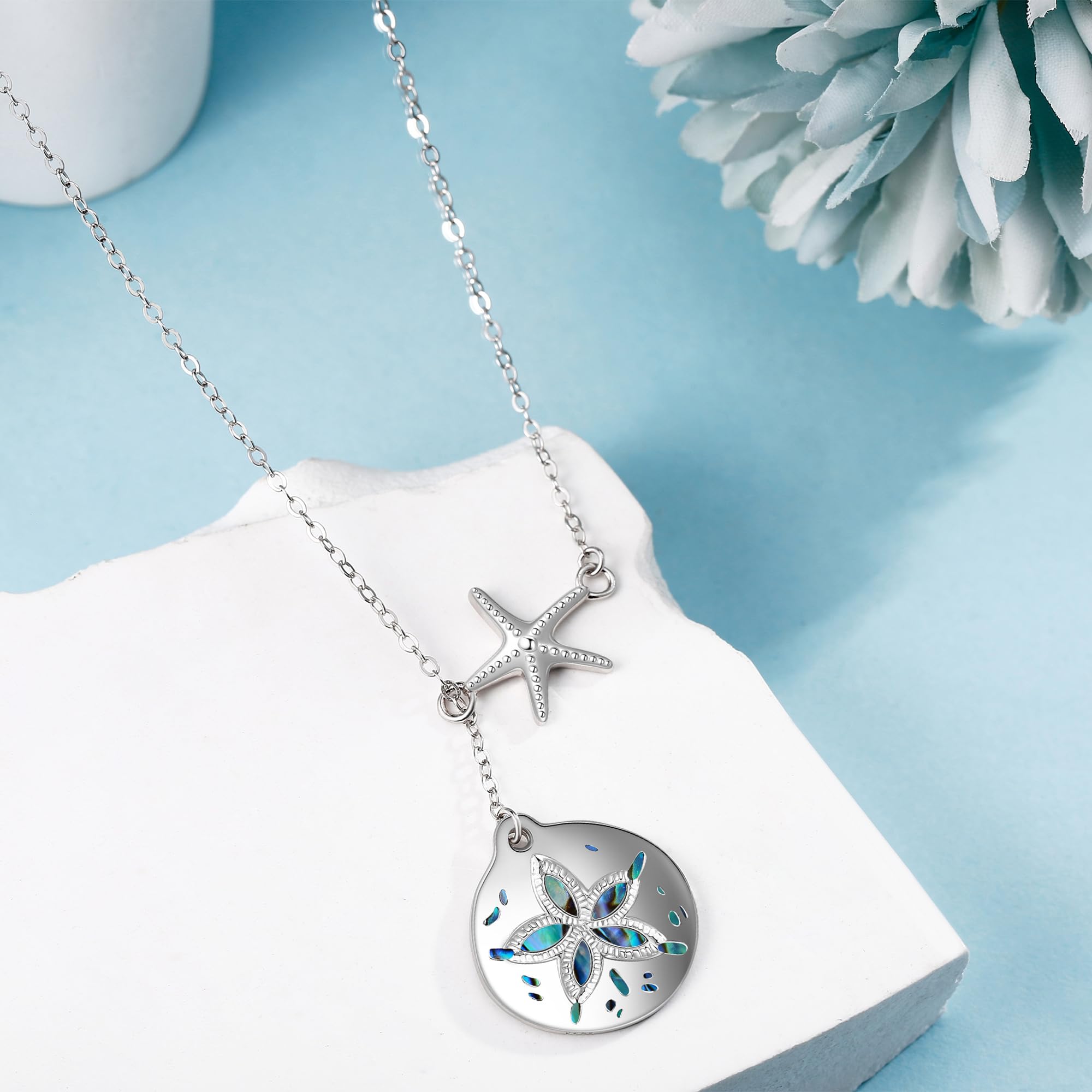 Collar en Y de plata de ley con dólar de arena occidental y estrella de mar para mujer