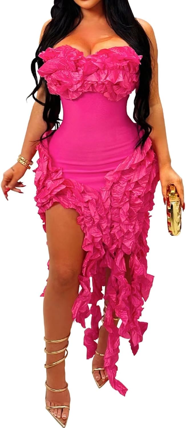 IyMoo Women Sexy Strapless Ruffle Bodycon Dress Solid Color Fringe Slim Party Cocktail Bandage Dresses