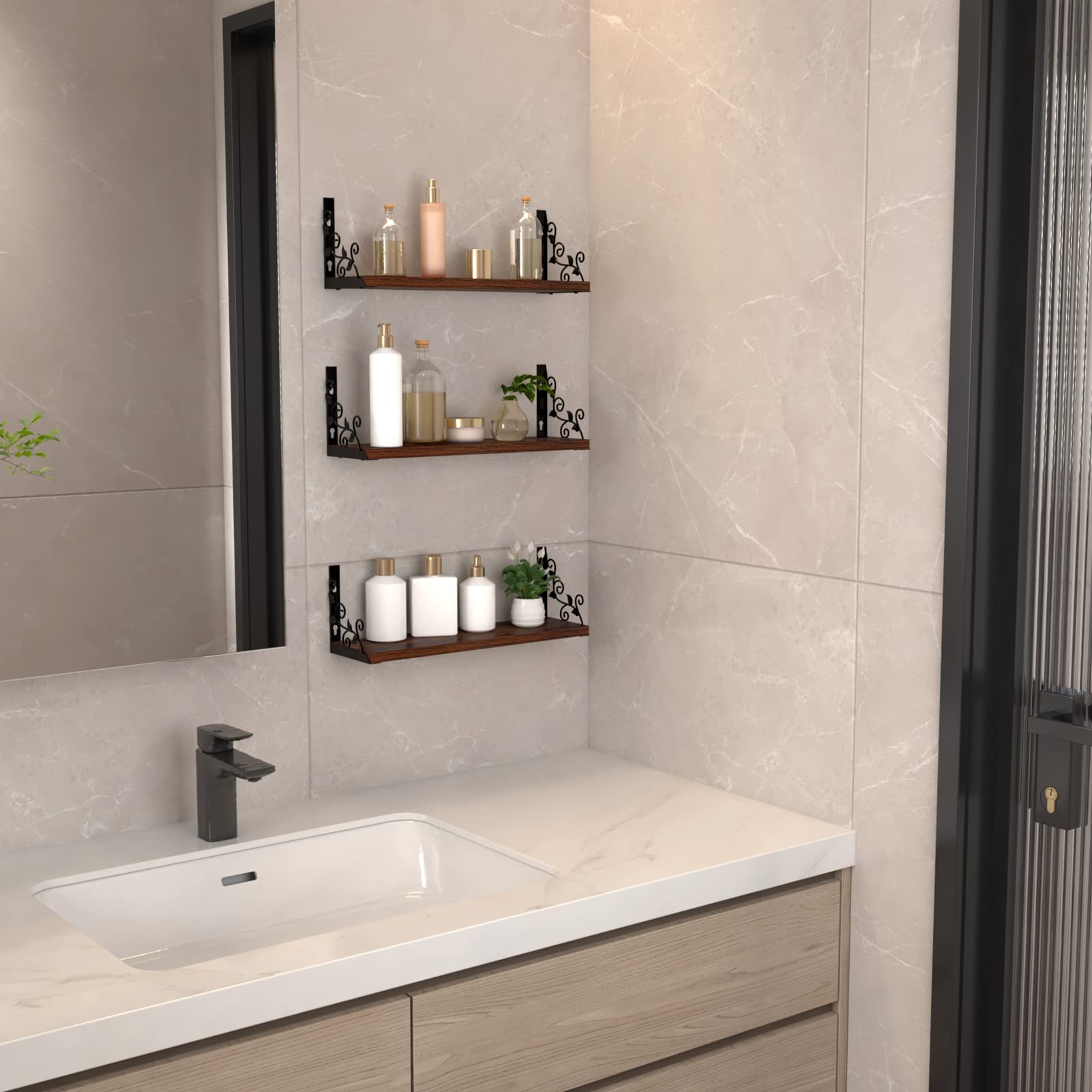 Lavezee Floating Shelves Set with Metal Vine Leaf Plants Shape for Wall Decor, Black and Rustic Wooden Decorative Wall Shelf for Living Room, Bedroom, Bathroom, 3 Packs