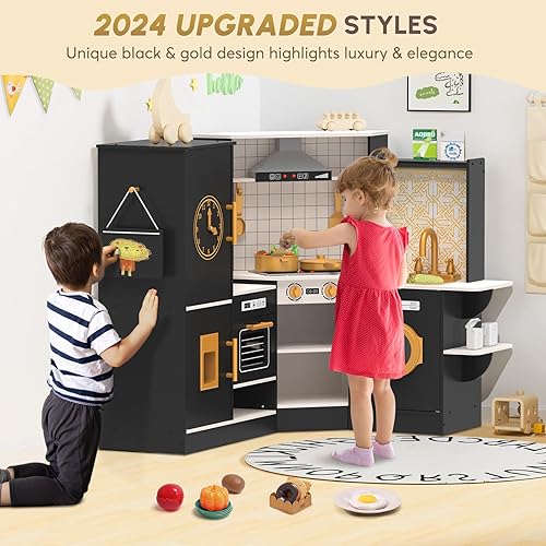 Miniatura 4 de BIERUM Juego de cocina con luces y sonidos reales, juegos de cocina de madera Coner, cocina de juguete con 28 piezas de accesorios de comida y