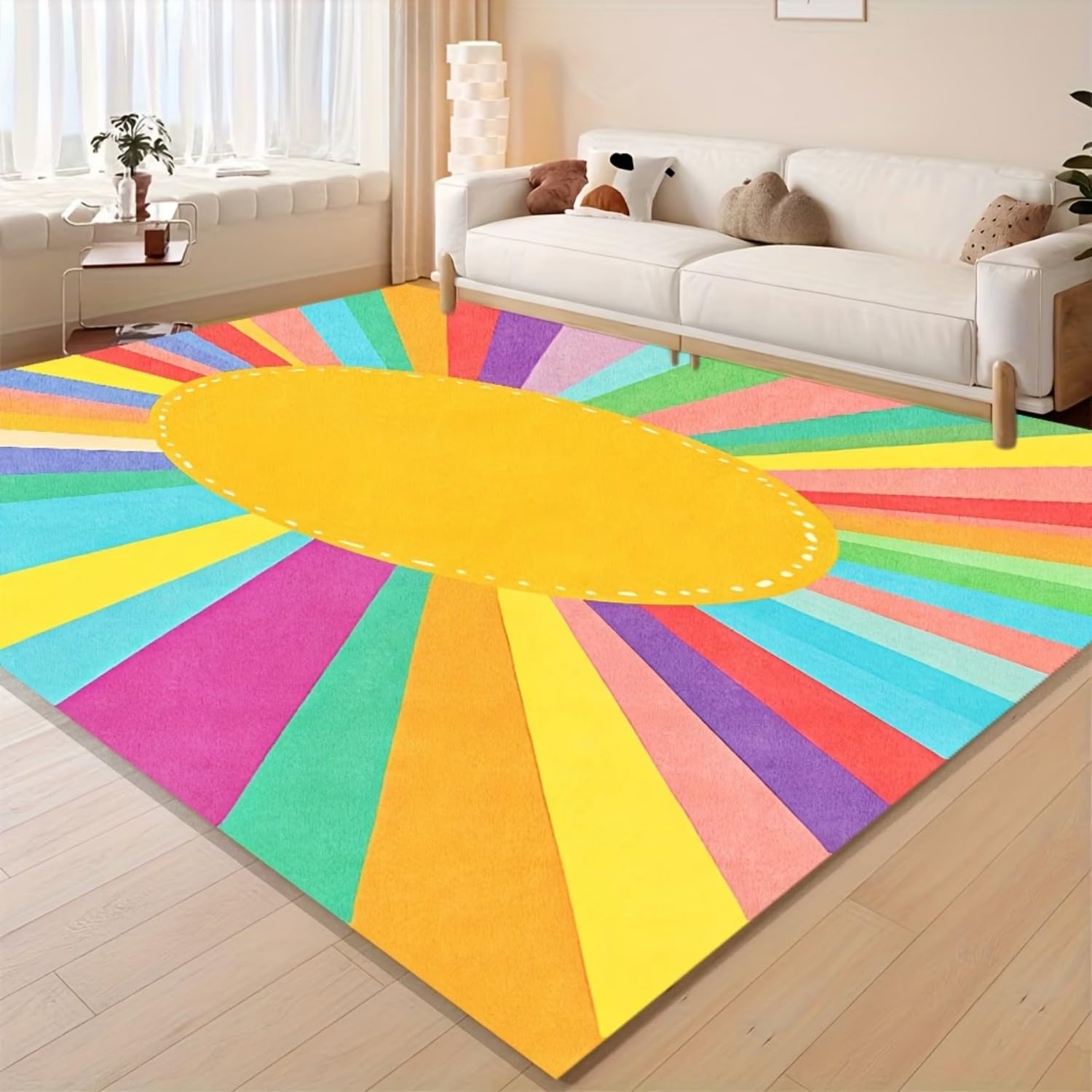 RICAUOU Rainbow Area Rug for Living Room, 80x150cm Colourful Sunburst Sun Ray Kids Rug, Large Non-Slip Washable Cute Boho Abstract Geometry Carpet for Bedroom, Nursery, Children's Playroom Decor