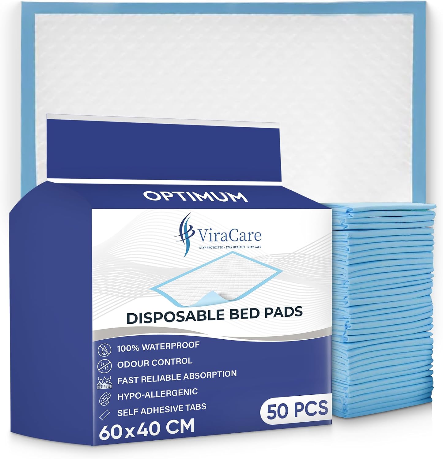 50 x Optimum Incontinence Bed Pads | 60 x 40 cm | Incontinence Bed Sheets | Disposable Mattress Protector | Self Adhesive Tabs | Absorbent Pads | (1 Pack of 50)