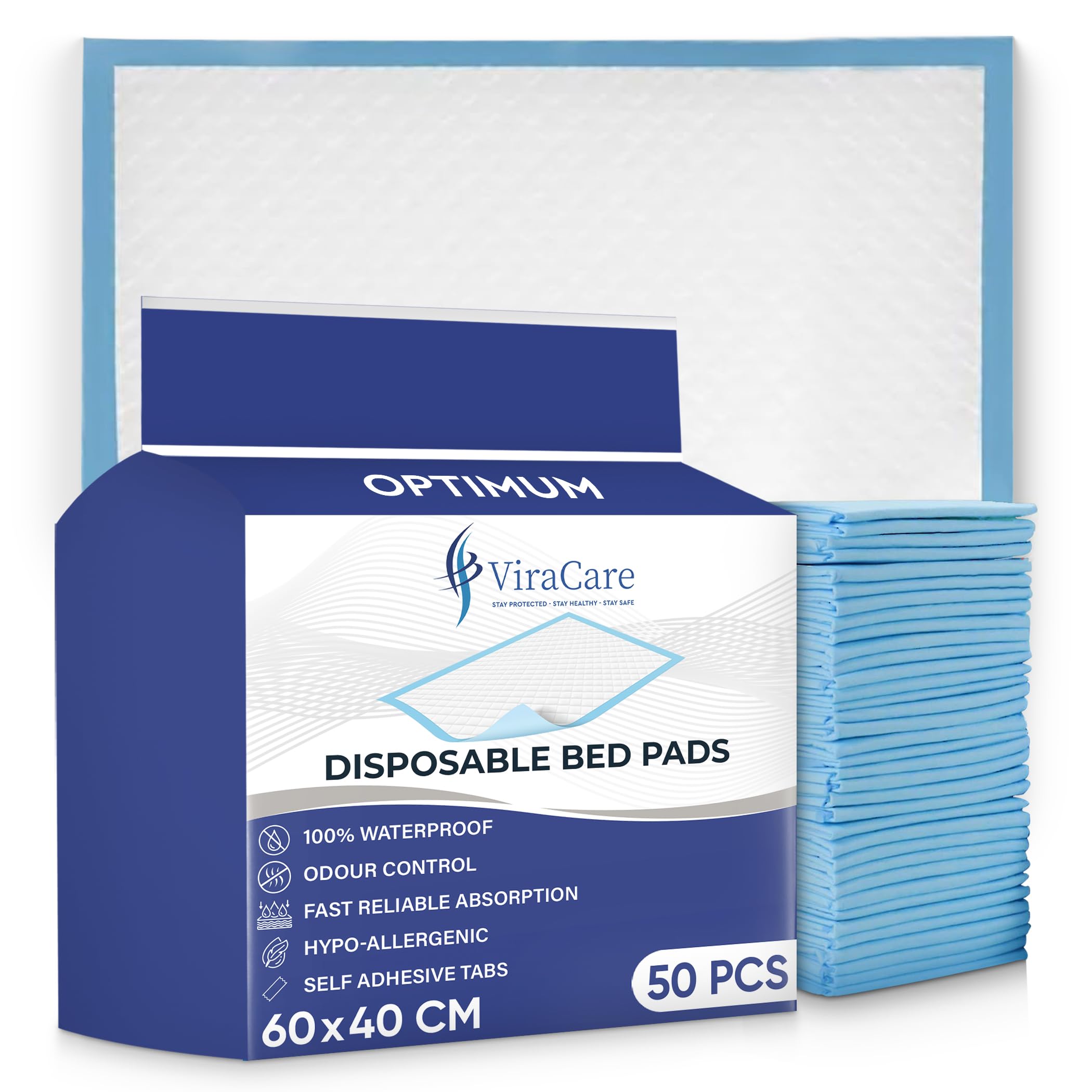 Viracare Girls Blue 50 X Optimum Incontinence Bed Pads | 60 X 40 Cm | Incontinence Bed Sheets | Disposable Mattress Protector | Self Adhesive Tabs | Absorbent Pads | (1 Pack Of 50)