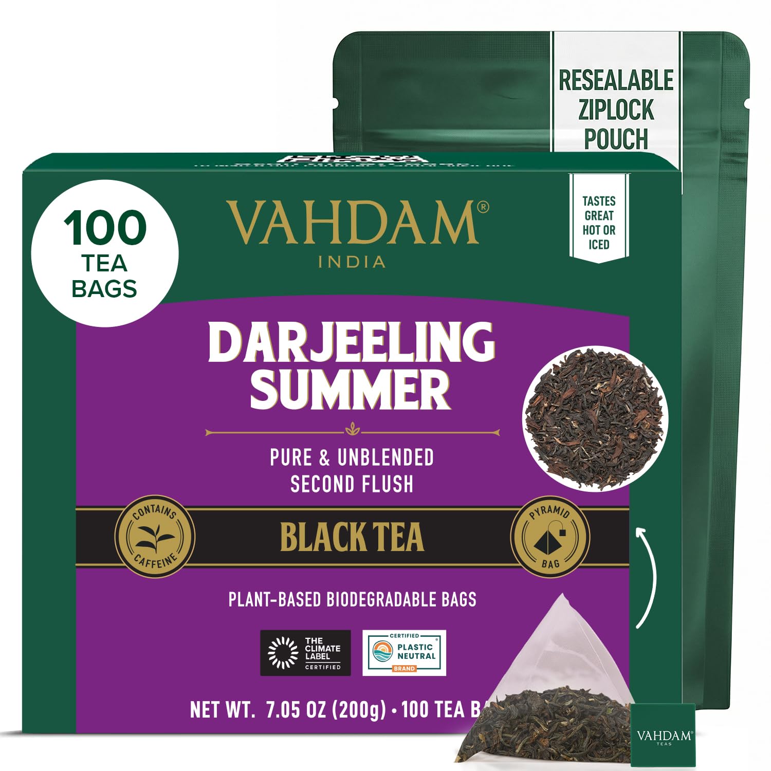 VAHDAM, Tè Nero Darjeeling (100 Bustine) Alto Tenore di Caffeina | Forte, Robusto e Aromatico | Darjeeling Second Flush | The Nero in Bustina | In Bustina Richiudibile con Chiusura Ermetica