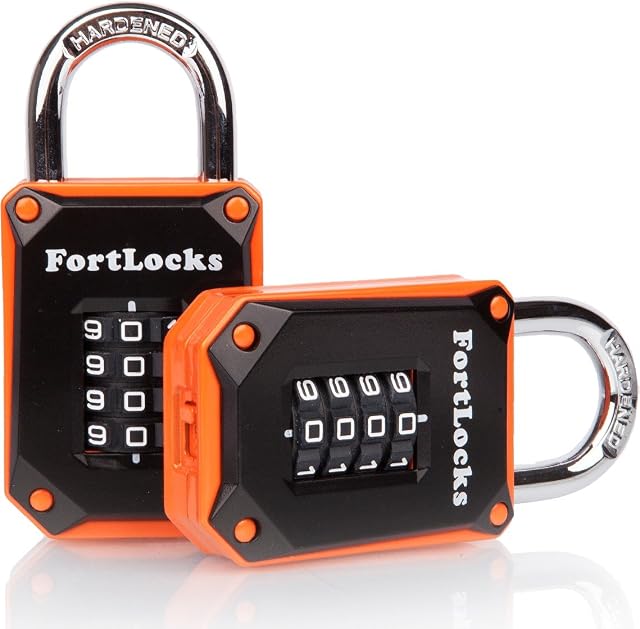 New FortLocks Combination Lock - 4 Digit Padlock for School & Gym Locker, Outdoor, Fence, Hasp, Storage, Case, Toolbox & Shed - Resettable All Weather (1 & 2 Pack) (2 Pack - Black/Orange)