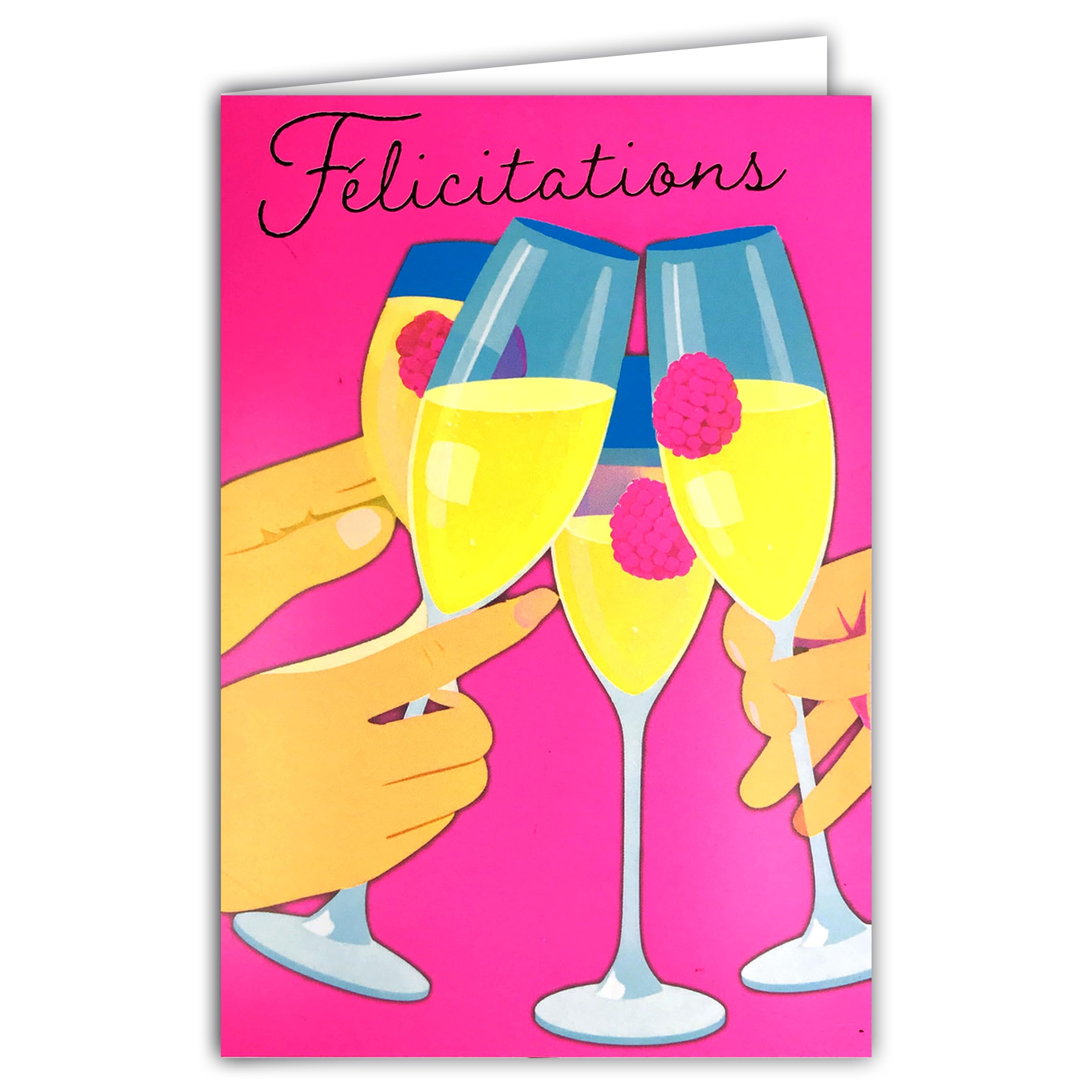 69-8142 Congratulations Card Champagne Flutes of Happiness Bubbles Love Friendship Best Wishes Toasting Health Pink Raspberry with Envelope 12 x 17.5 cm Fluorescent Inks Created and Made in France