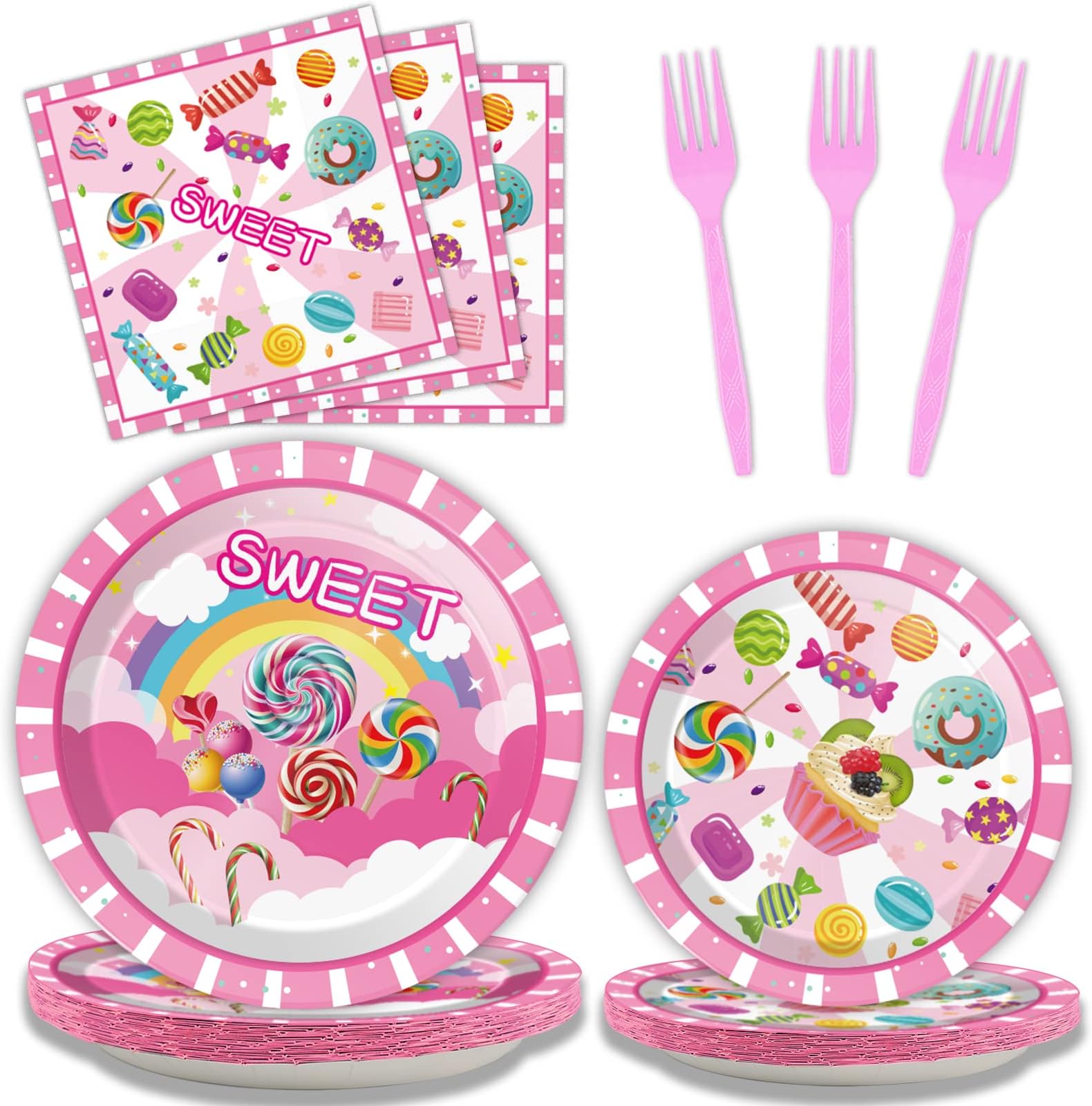 Tevxj 96PCS Candyland Themed Tableware Set Candy Lollipop Birthday Dinnerware Disposable Dessert Plates Donut Candy Party Plates Napkins Forks for Candyland Party Decorations Supplies 24 guests