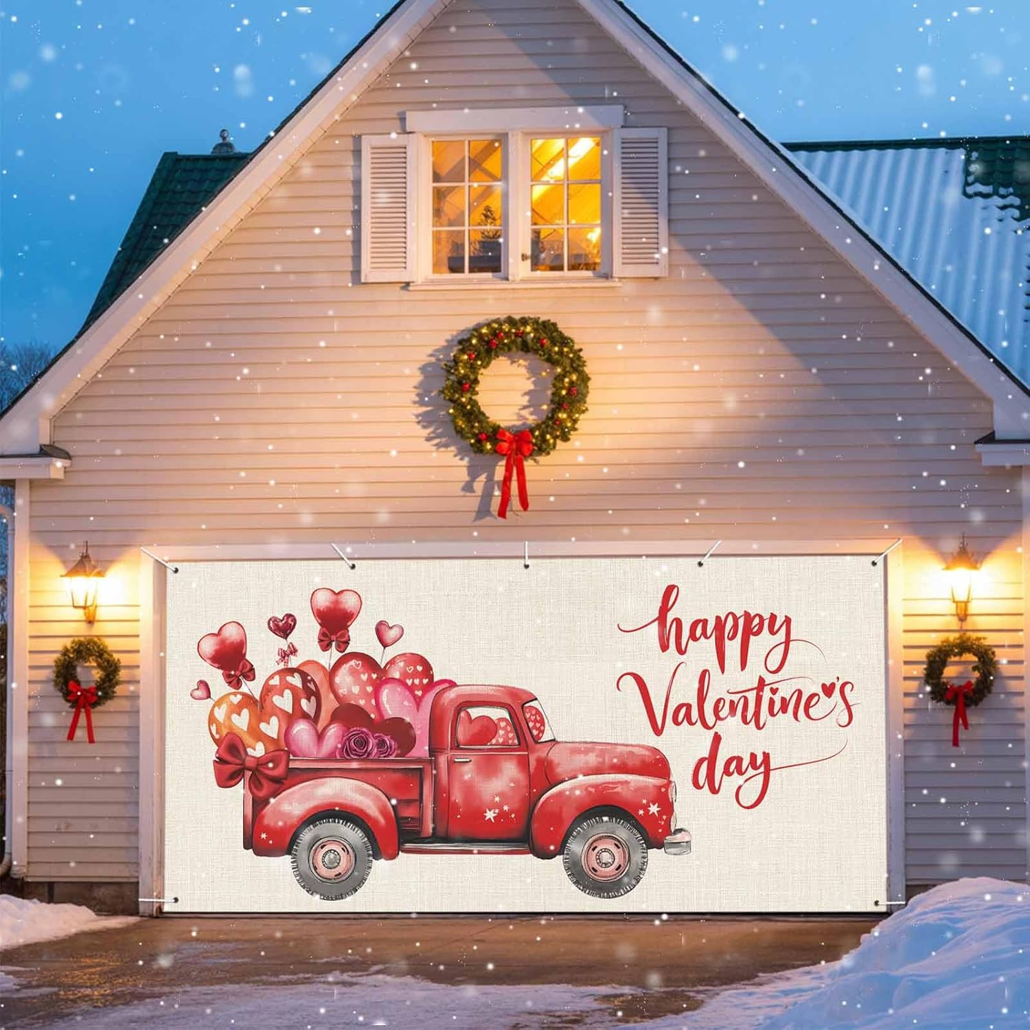 Valentine Garage Door Cover 7x16Ft Garage Door Banner Cover, Pink Red Love Heart Truck Watercolor Rustic Garage Door Decorations Backdrop for Christmas Holiday Garage Door Covers